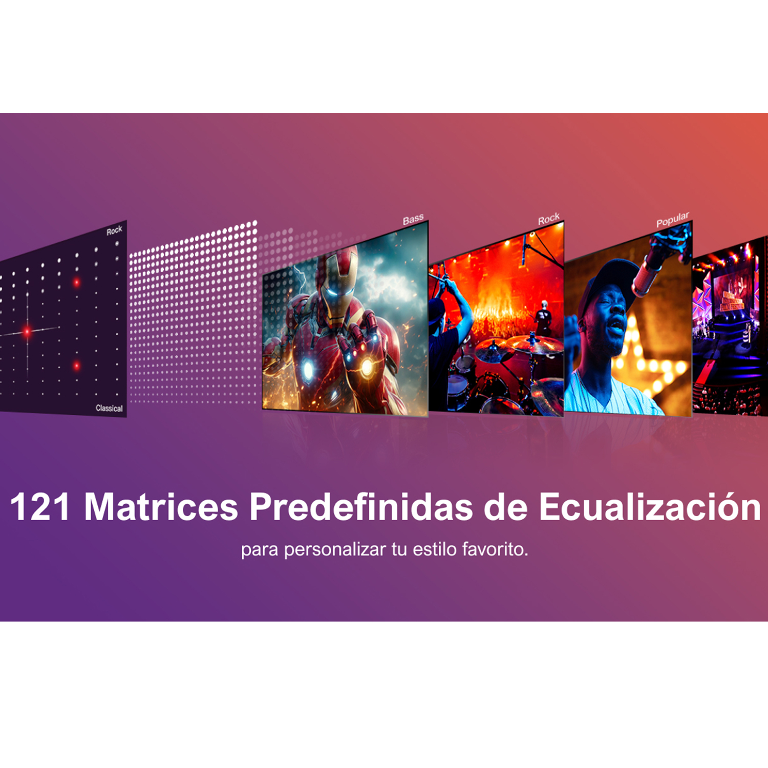 Una imagen promocional que muestra múltiples pantallas con configuraciones de ecualizador y escenas musicales.
