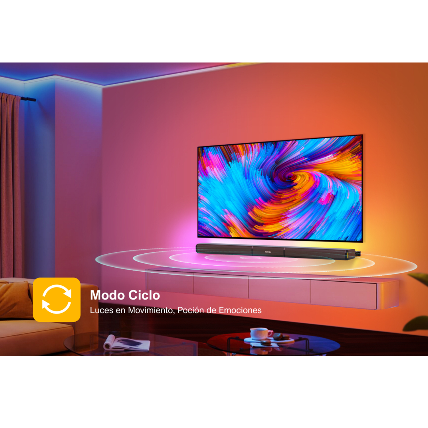 Un televisor con pantalla colorida, barra de sonido y mueble flotante, con efectos de iluminación dinámicos.