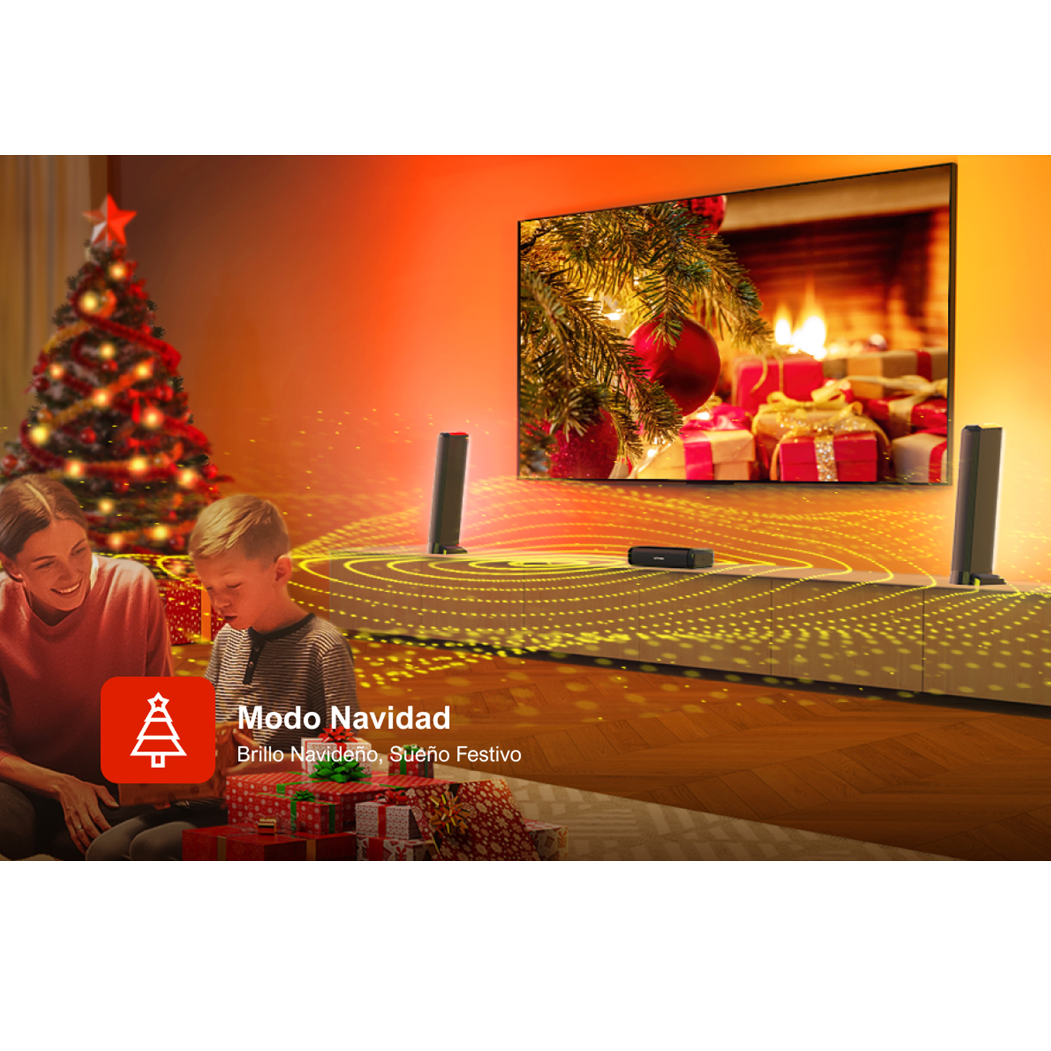 Una familia ve la televisión con un árbol de Navidad al fondo. Regalos al frente.