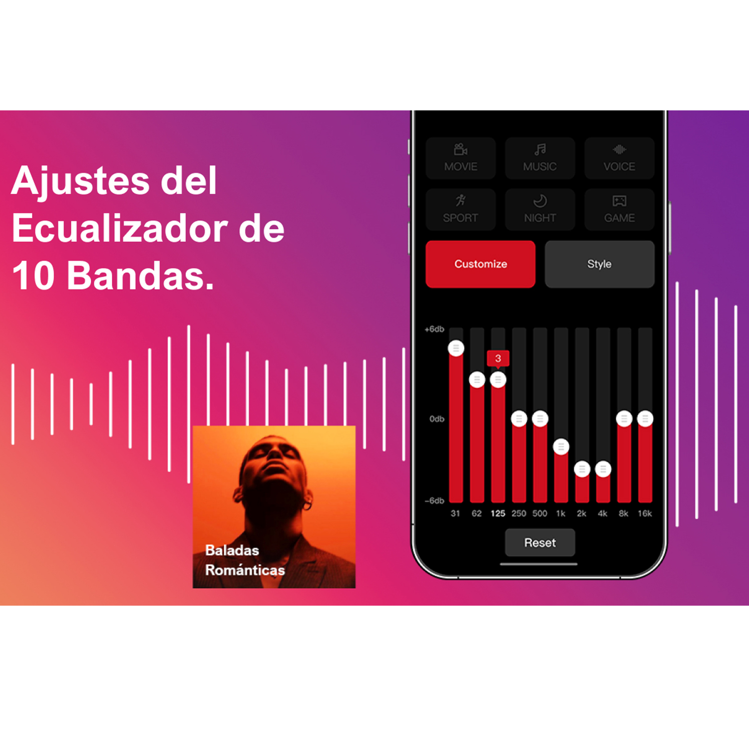 Una pantalla de teléfono que muestra una app de ecualizador de música con un esquema de color rojo y púrpura.