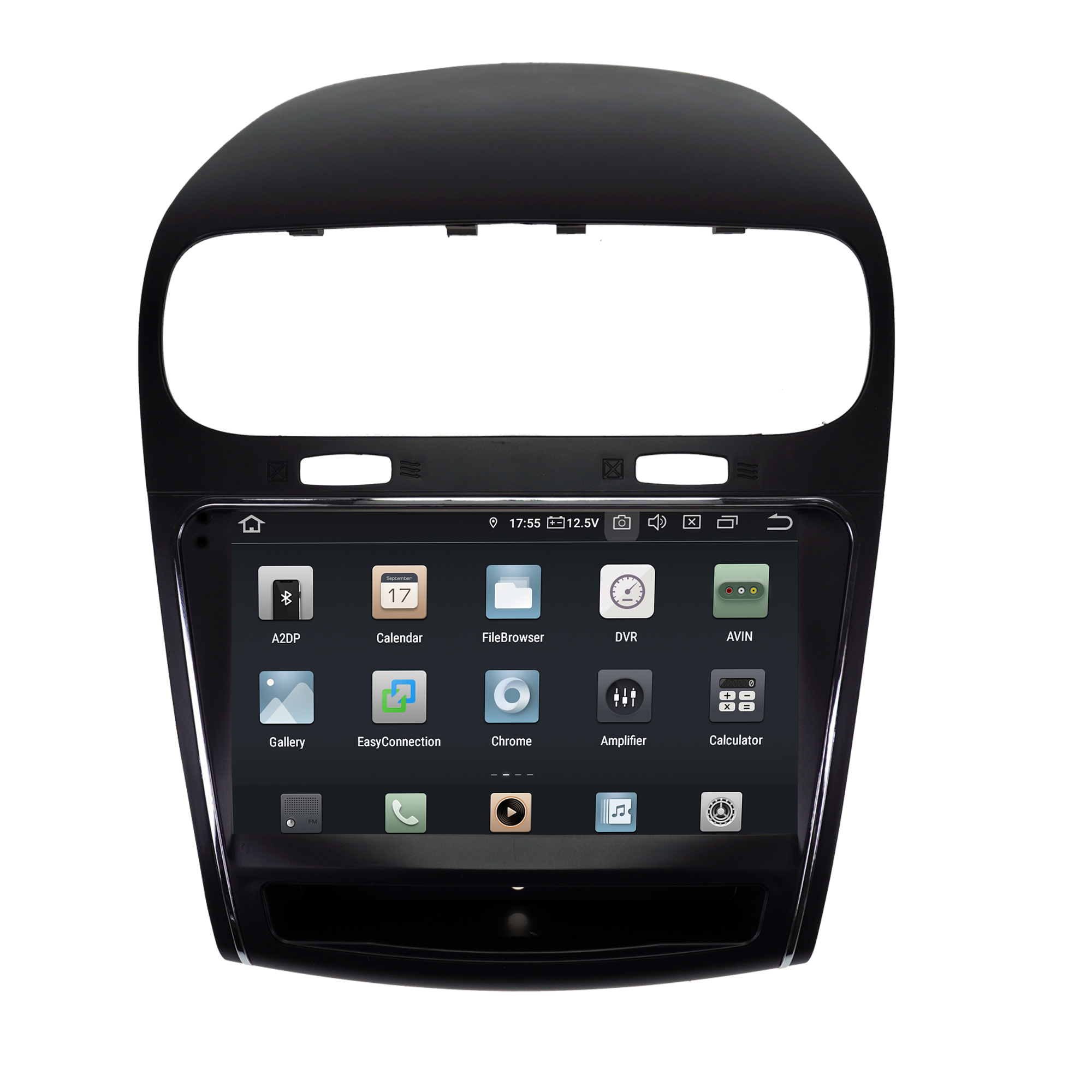 Schwarzes Autoradio mit Touchscreen-Oberfläche. Apps und Einstellungen sind auf dem Bildschirm sichtbar. Weißer Hintergrund.