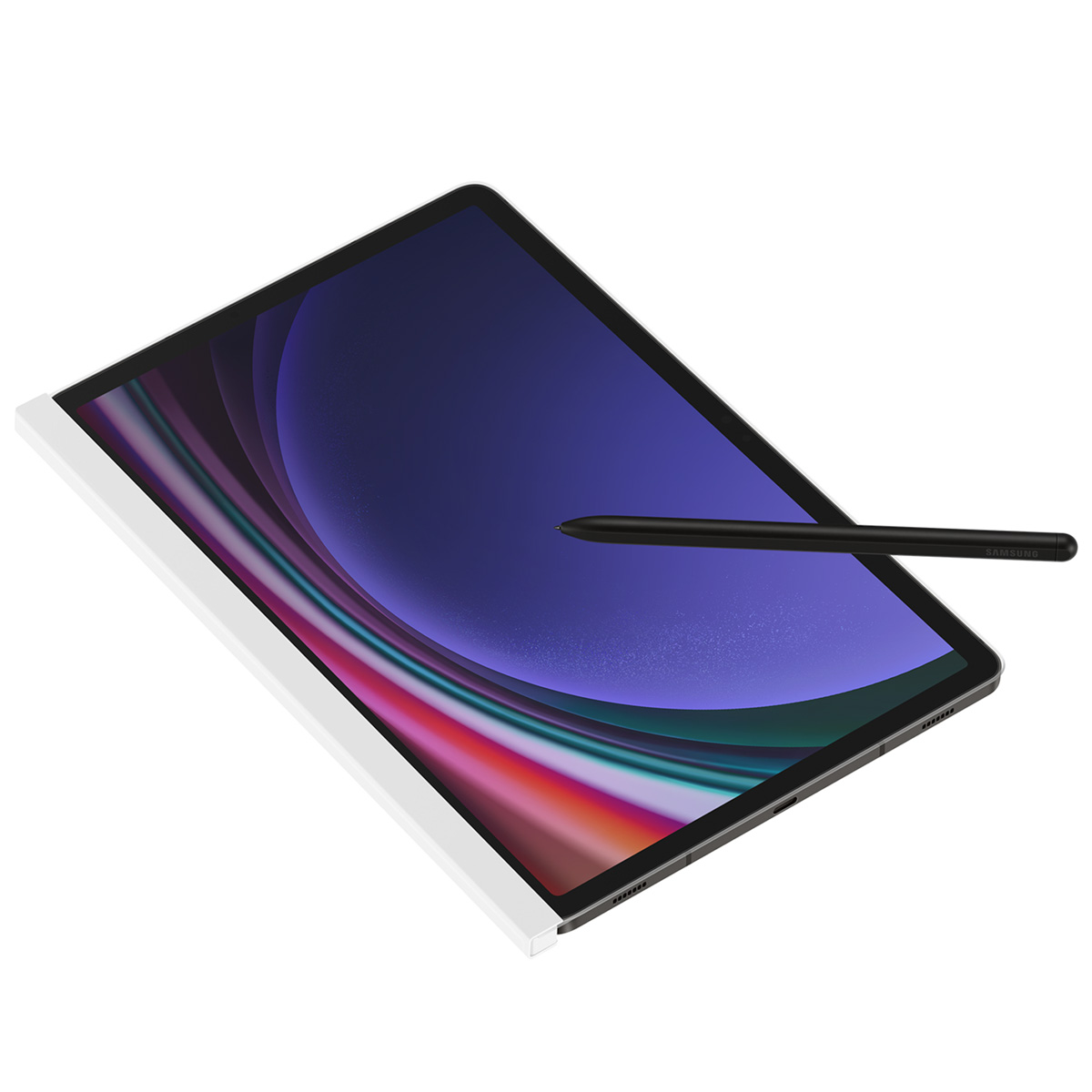 Tableta con lápiz óptico negro. La pantalla muestra un diseño colorido. Borde blanco en el lado izquierdo.
