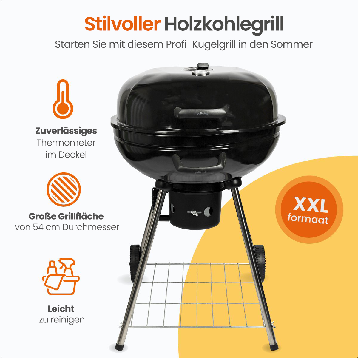 Schwarzer Holzkohlegrill mit Symbolen und Text. Enthält Thermometer und Grillfläche.