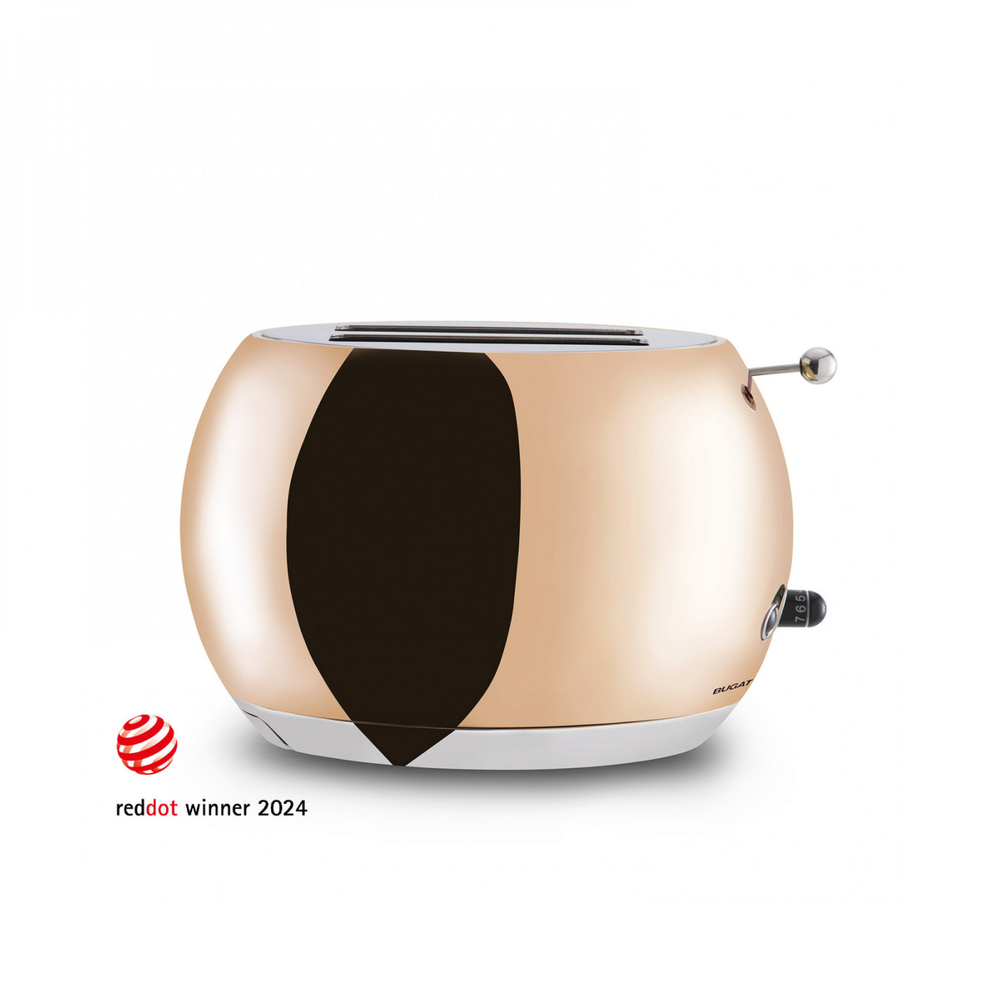 Un tostapane color oro con una striscia nera, contrassegnato da 'reddot winner 2024' su sfondo bianco.