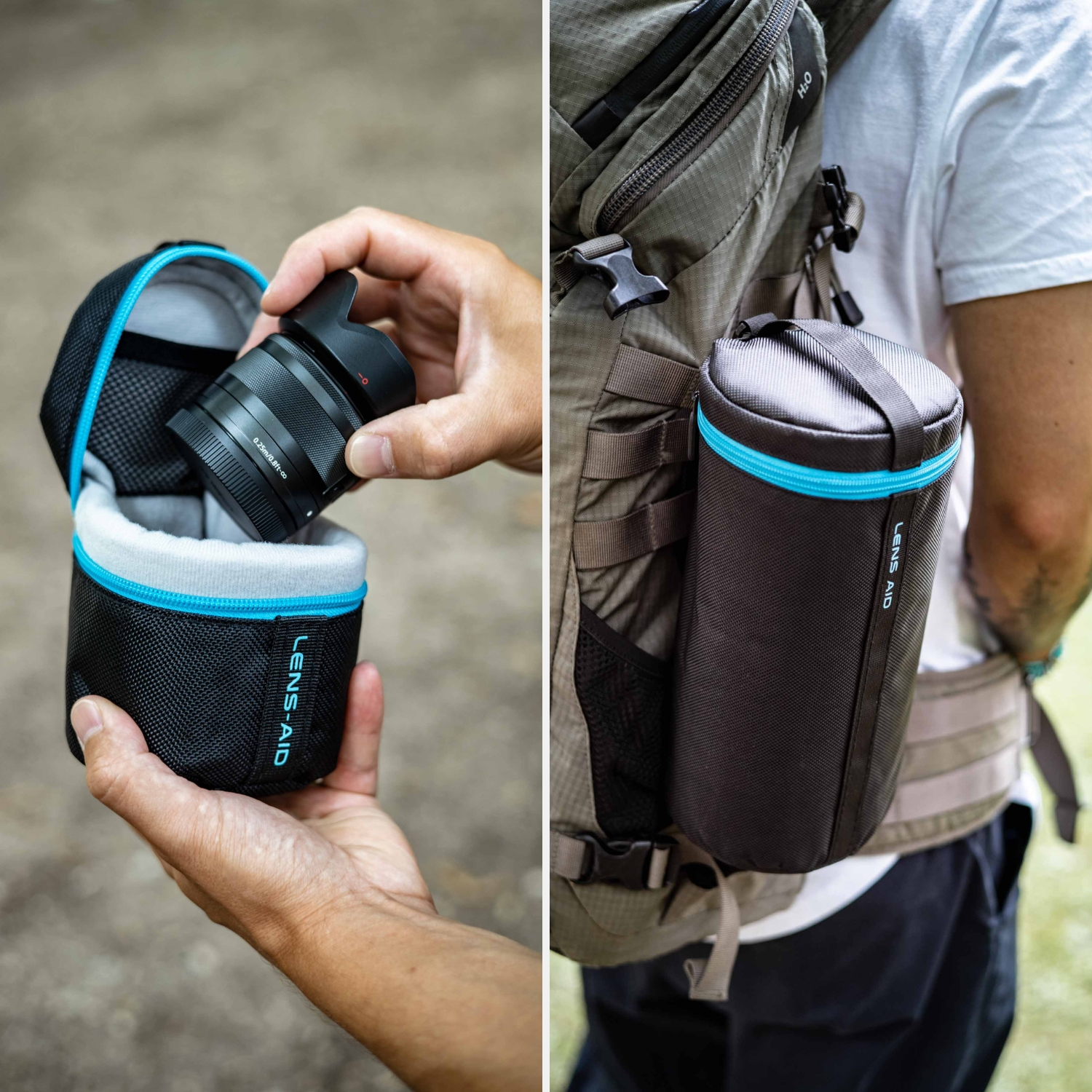 Zwei Bilder: Ein Kameraobjektiv in einem schwarzen Etui und ein Objektiv in einem Rucksacketui.