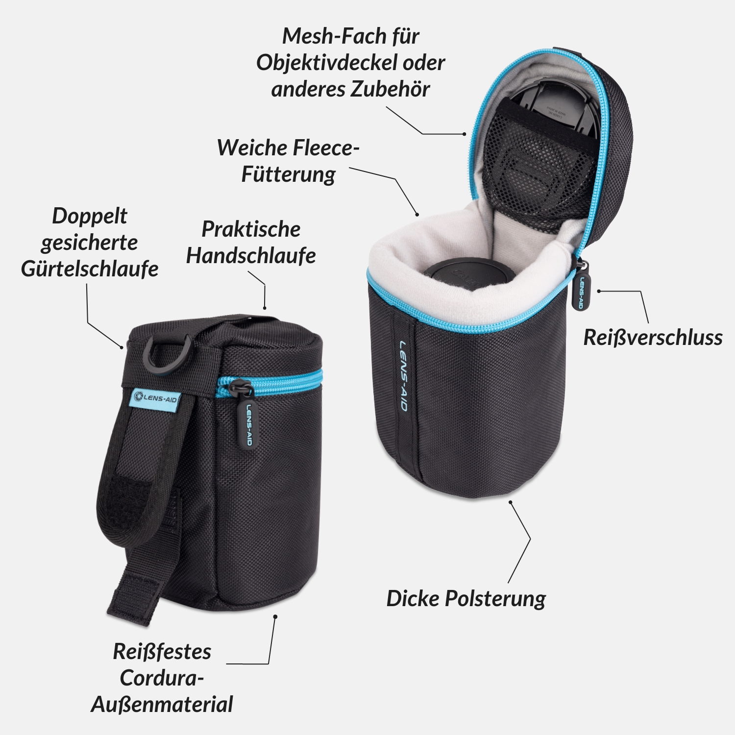 Schwarze Lens-Aid-Tasche mit Reißverschluss, Riemen und Details, die auf Deutsch beschriftet sind.