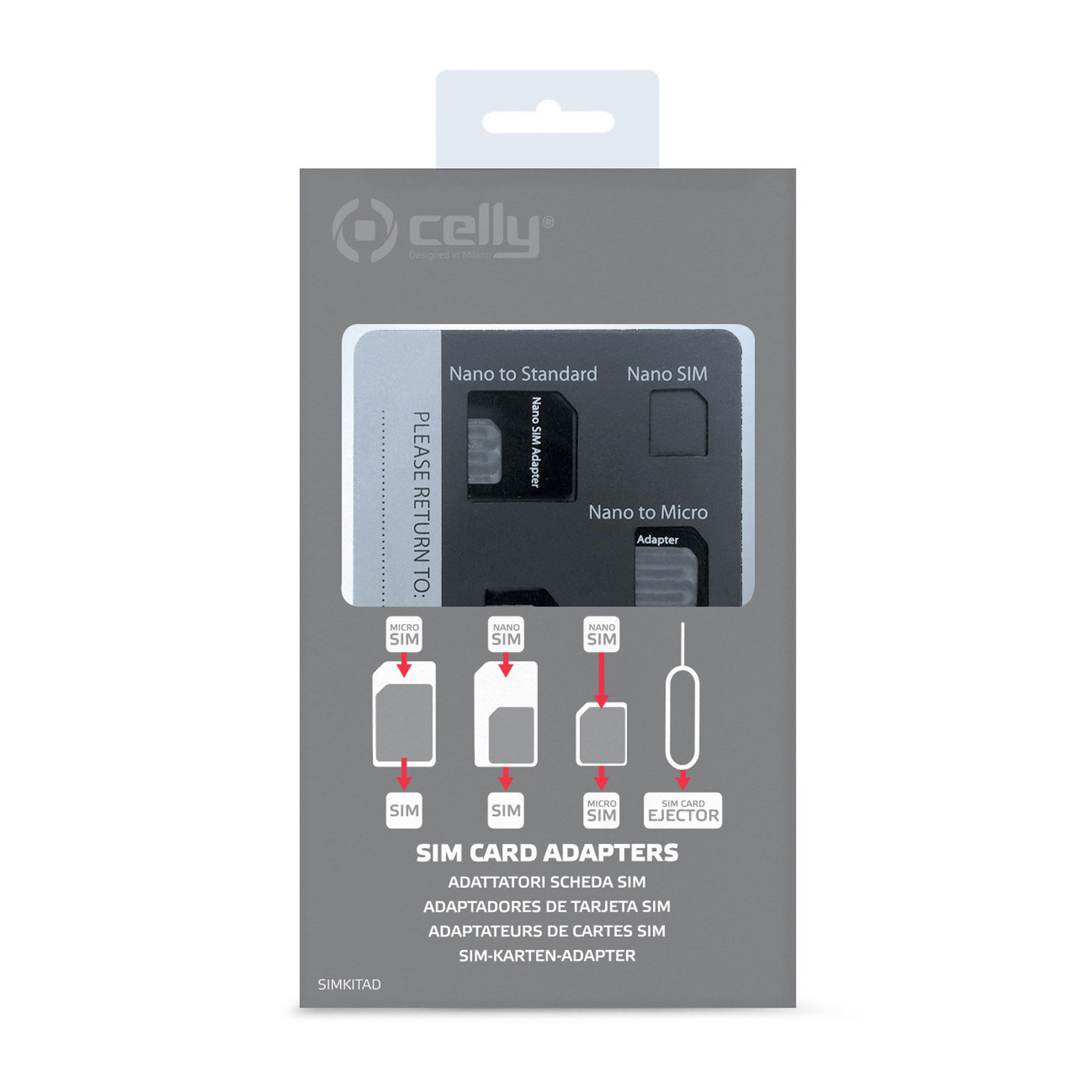 Paquete de adaptador de tarjeta SIM que muestra adaptadores para tarjetas SIM Nano, Micro y estándar.