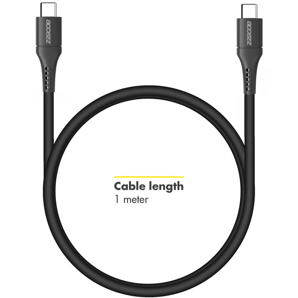 Un câble noir en cercle. Il est connecté à deux connecteurs USB-C. Le texte indique une longueur de 1 mètre.