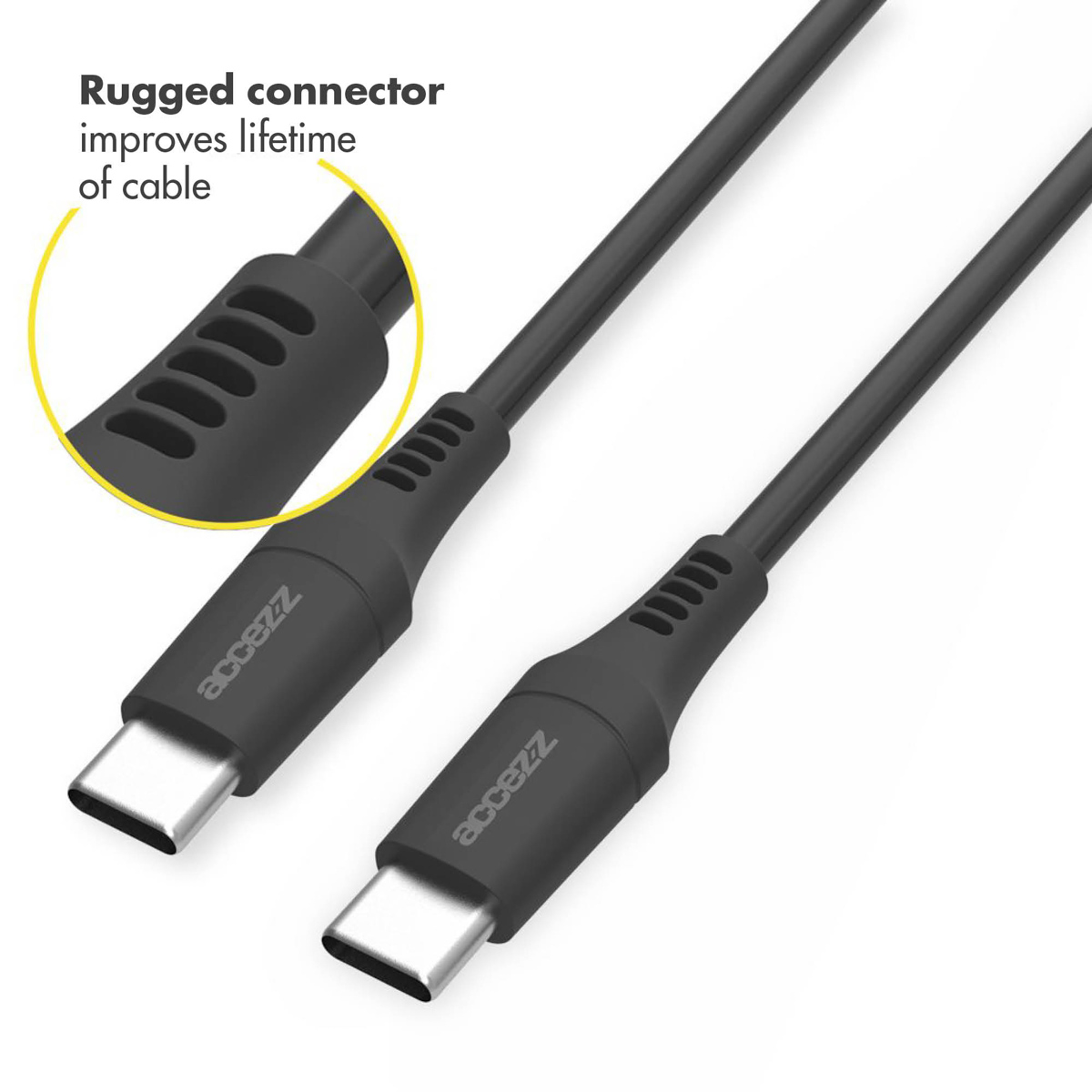Deux câbles USB-C noirs avec détails du connecteur et la marque 'accezz'.