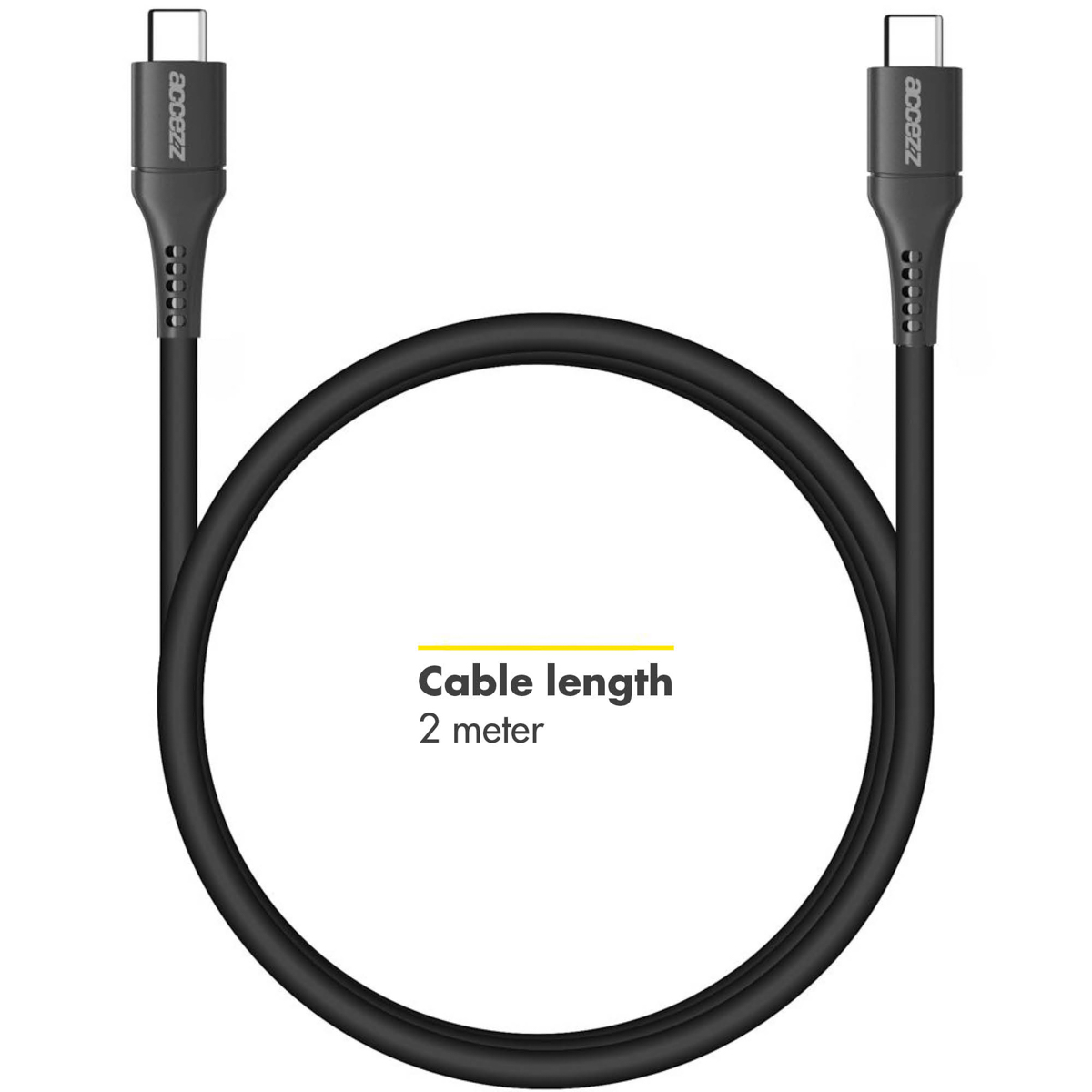Câble USB-C noir, plié en forme de U. Texte : Longueur du câble 2 mètres.