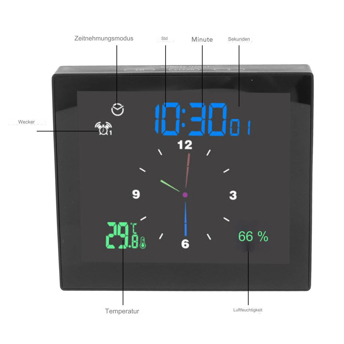 Schwarze Digitaluhr mit Anzeige von Zeit, Temperatur und Luftfeuchtigkeit. Schwarzer Rahmen.