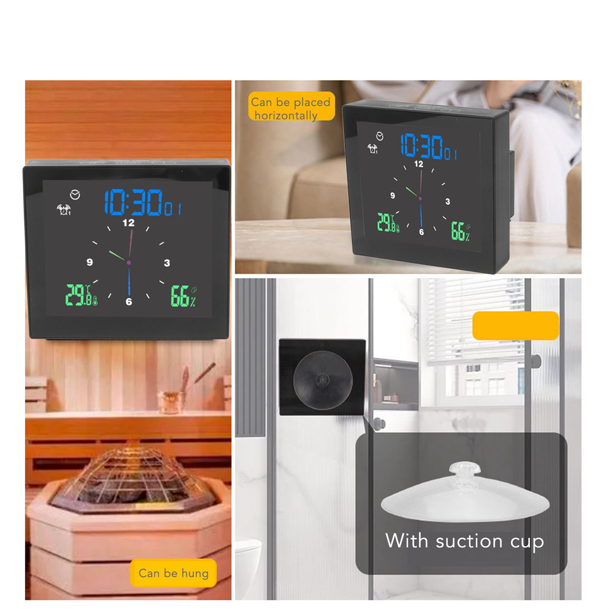 Digitaluhr mit Zeit, Luftfeuchtigkeit und Temperatur, mit Sauna- und Badezimmerszene im Hintergrund.