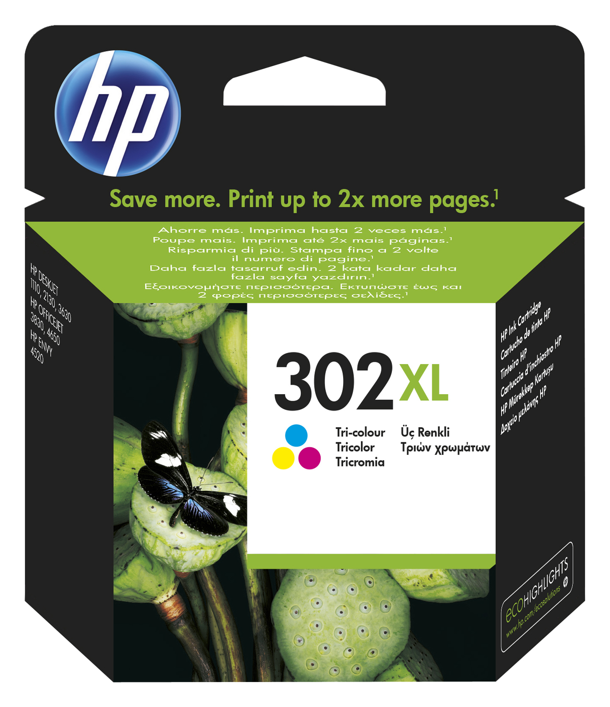 HP 302XL inktcartridge doos met tekst en lotusbloem. Vlinder op de bloem.