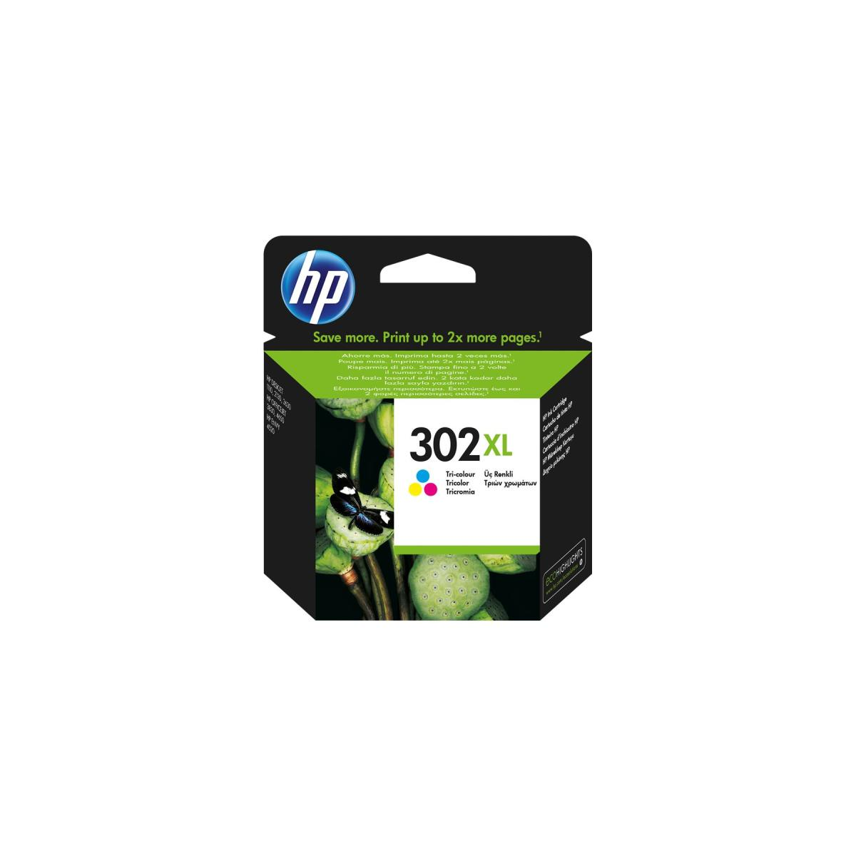 HP 302XL inktcartridge doos met een groene achtergrond en kleurrijke afbeeldingen.