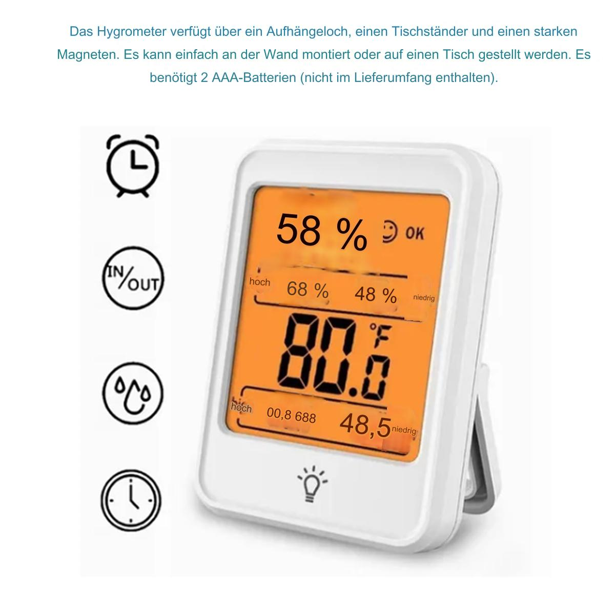 Ein weißes digitales Hygrometer mit einer orangefarbenen Anzeige, die Temperatur- und Feuchtigkeitswerte anzeigt.