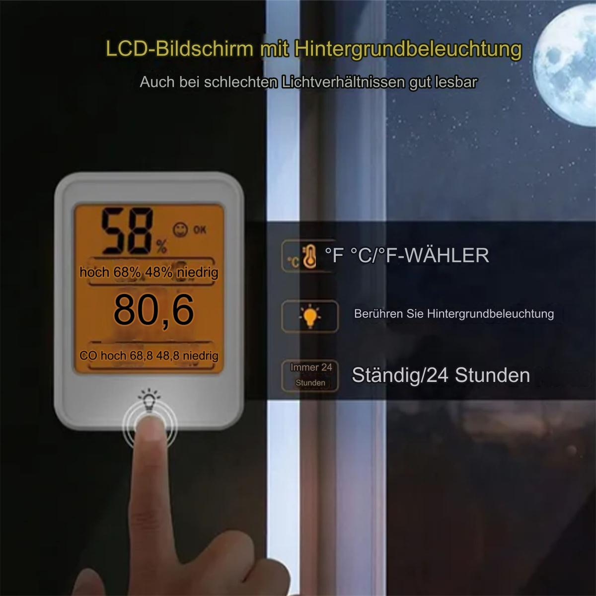 Digitalanzeige mit Zahlen und Text, ein Finger berührt sie, Text zu Temperatur und Zeit.