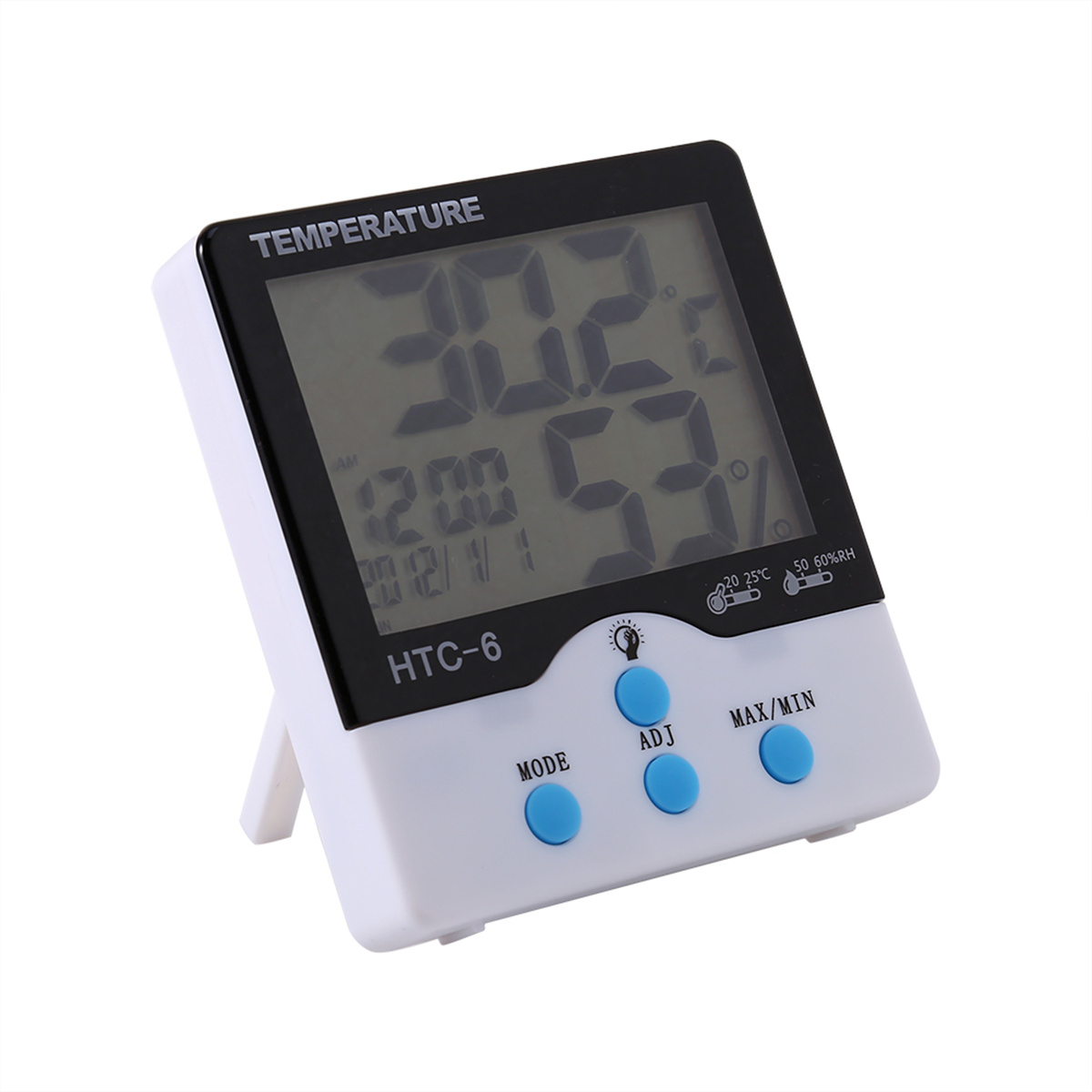 Weiß-schwarzes Digitalthermometer mit Temperatur- und Zeitanzeige. Drei Tasten unten.