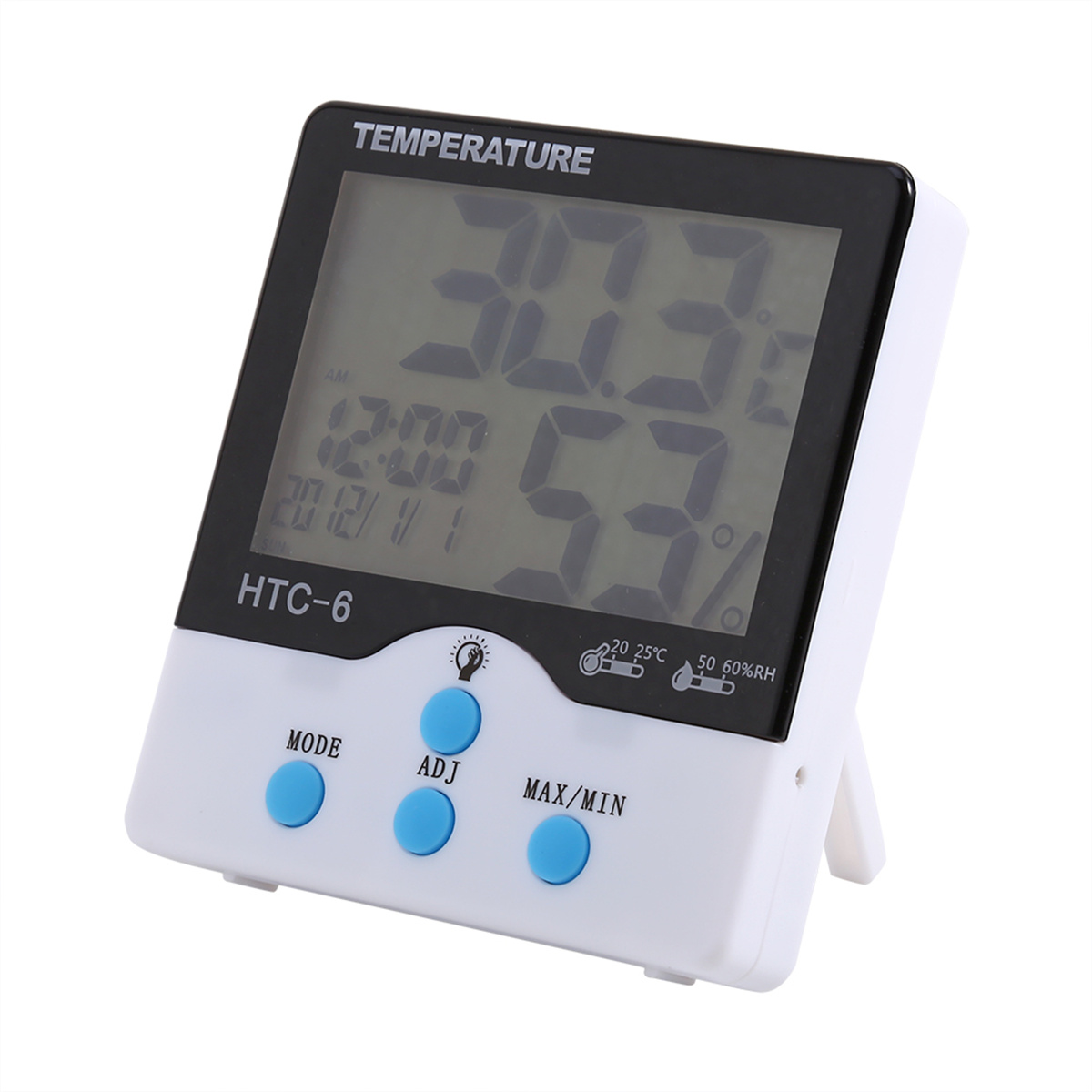 Digitales Thermometer, zeigt Temperatur, Uhrzeit und Luftfeuchtigkeit an. Weißes Gehäuse.