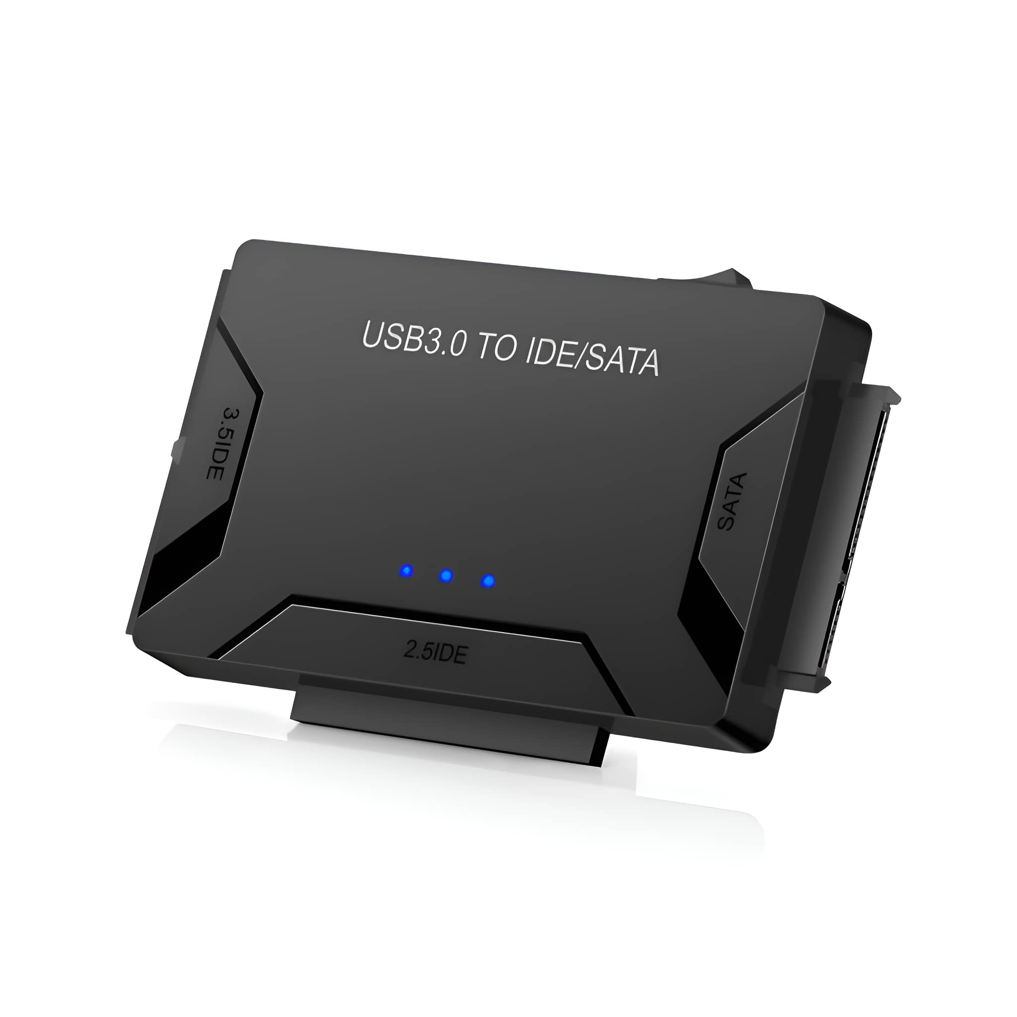 Schwarzer USB 3.0 zu IDE/SATA Adapter. Hat blaue Lichter. Text lautet USB3.0 ZU IDE/SATA.
