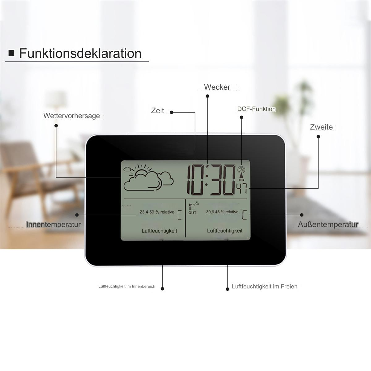 Eine schwarze Digitaluhr mit mehreren Anzeigeelementen, vor unscharfem Hintergrund platziert.