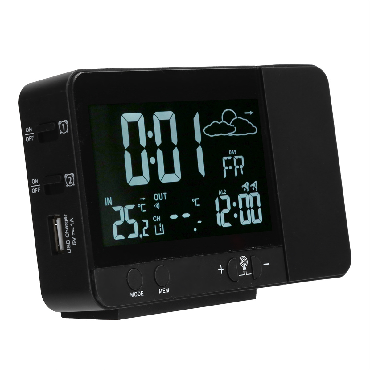 Schwarzer digitaler Wecker mit Anzeige von Uhrzeit, Wetter und Temperatur. USB-Anschluss und Tasten.