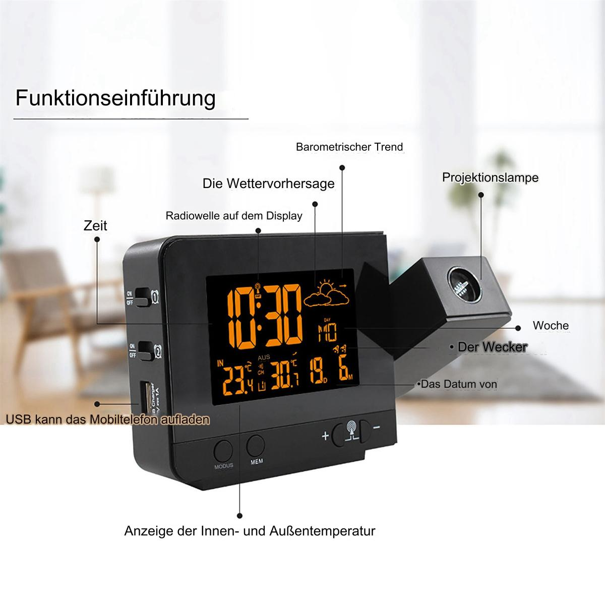 Eine schwarze Digitaluhr mit Anzeige von Zeit, Datum und Wetterinformationen.