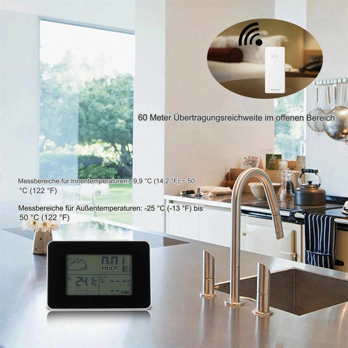 Digitale Küchenwetterstation mit Anzeige von Wetterinfos, neben Spüle und Fenster.