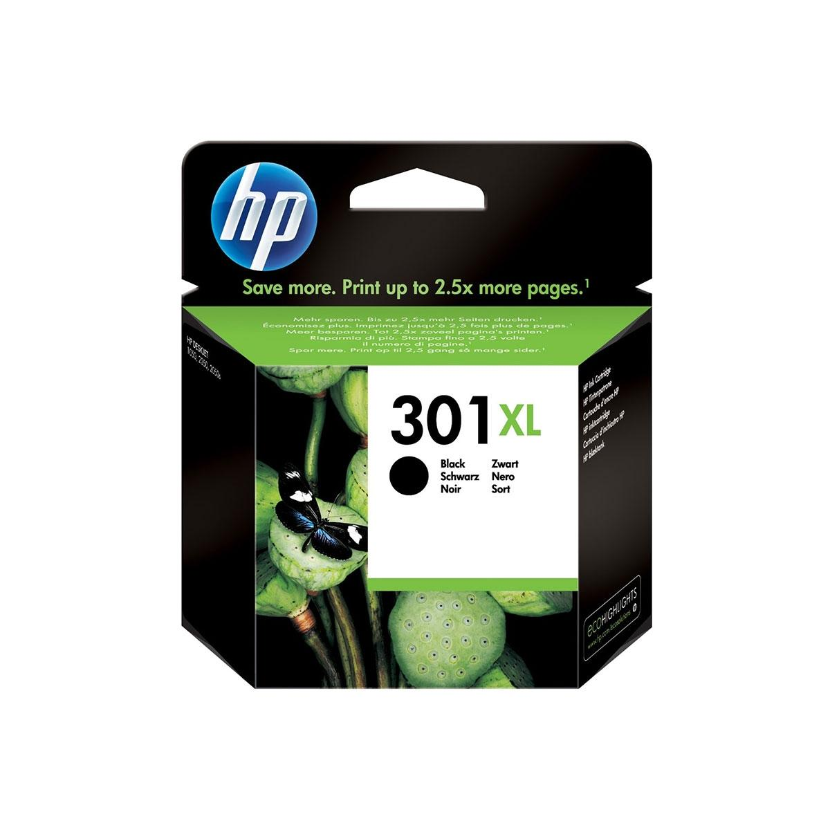 HP 301XL zwarte inktcartridge doos. Zwarte inkt met vlinder afbeelding.