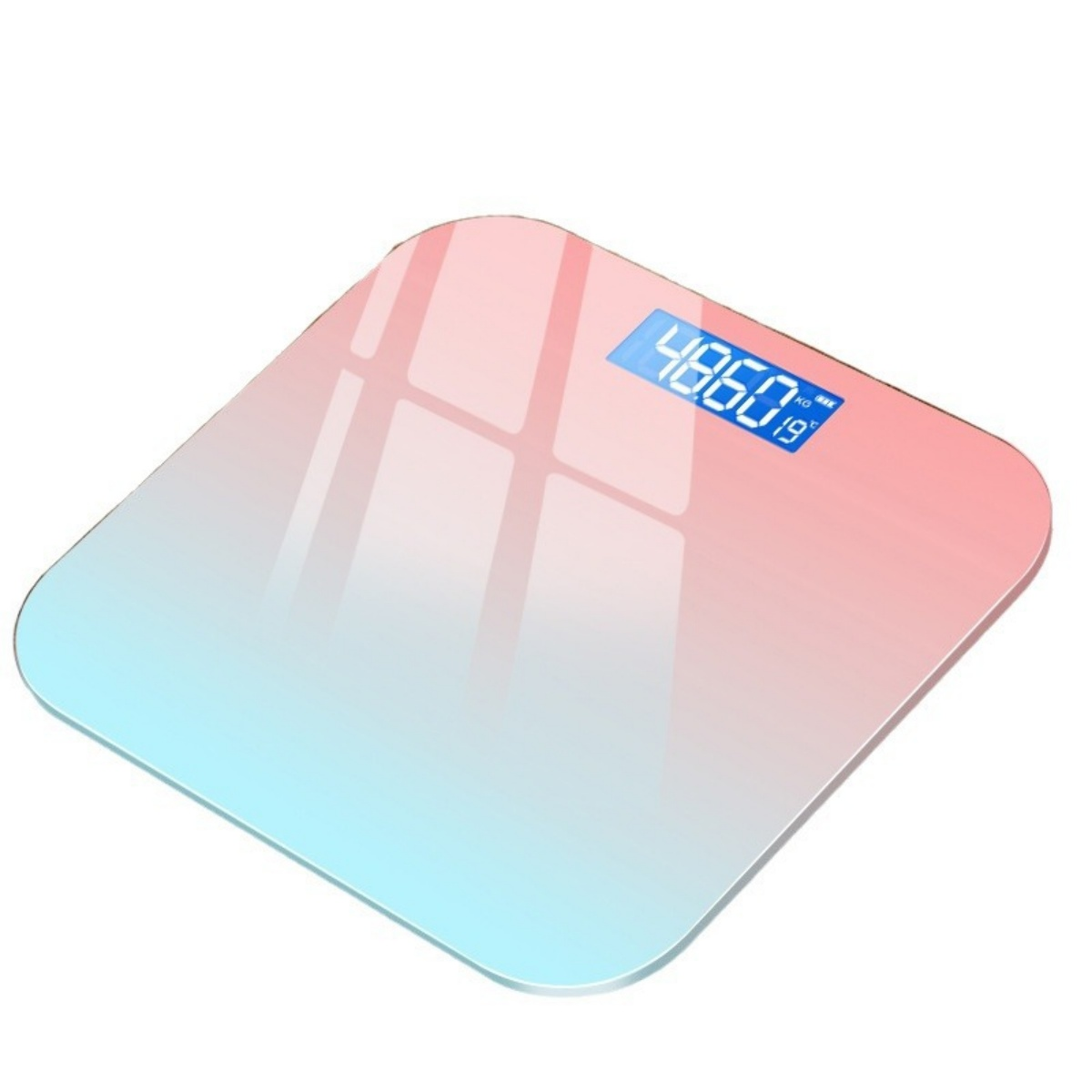 Digitale Waage mit blauem Display, das 48,60 kg anzeigt. Die Plattform ist rosa und blau.