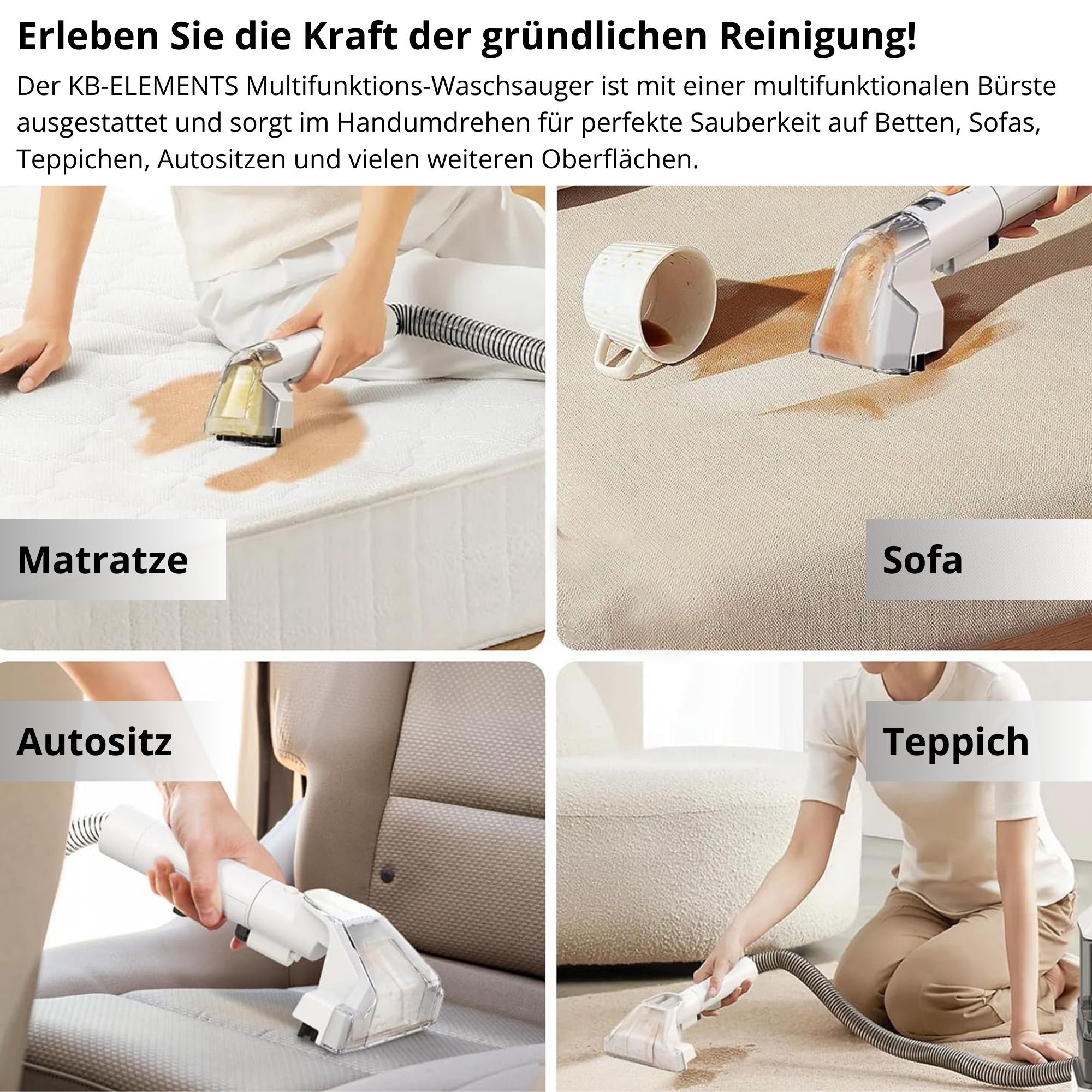 Bilder eines Reinigungsgeräts auf Matratze, Sofa, Autositz und Teppich zur Fleckenentfernung.