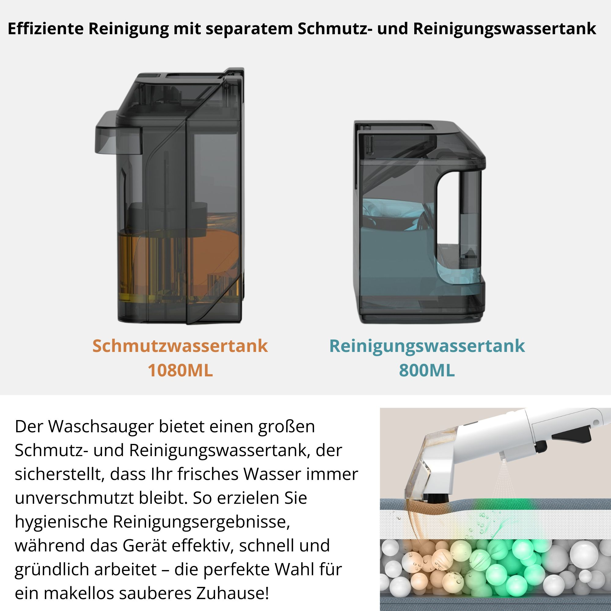 Zwei Staubsaugerbehälter: einer für Schmutzwasser und einer für sauberes Wasser.