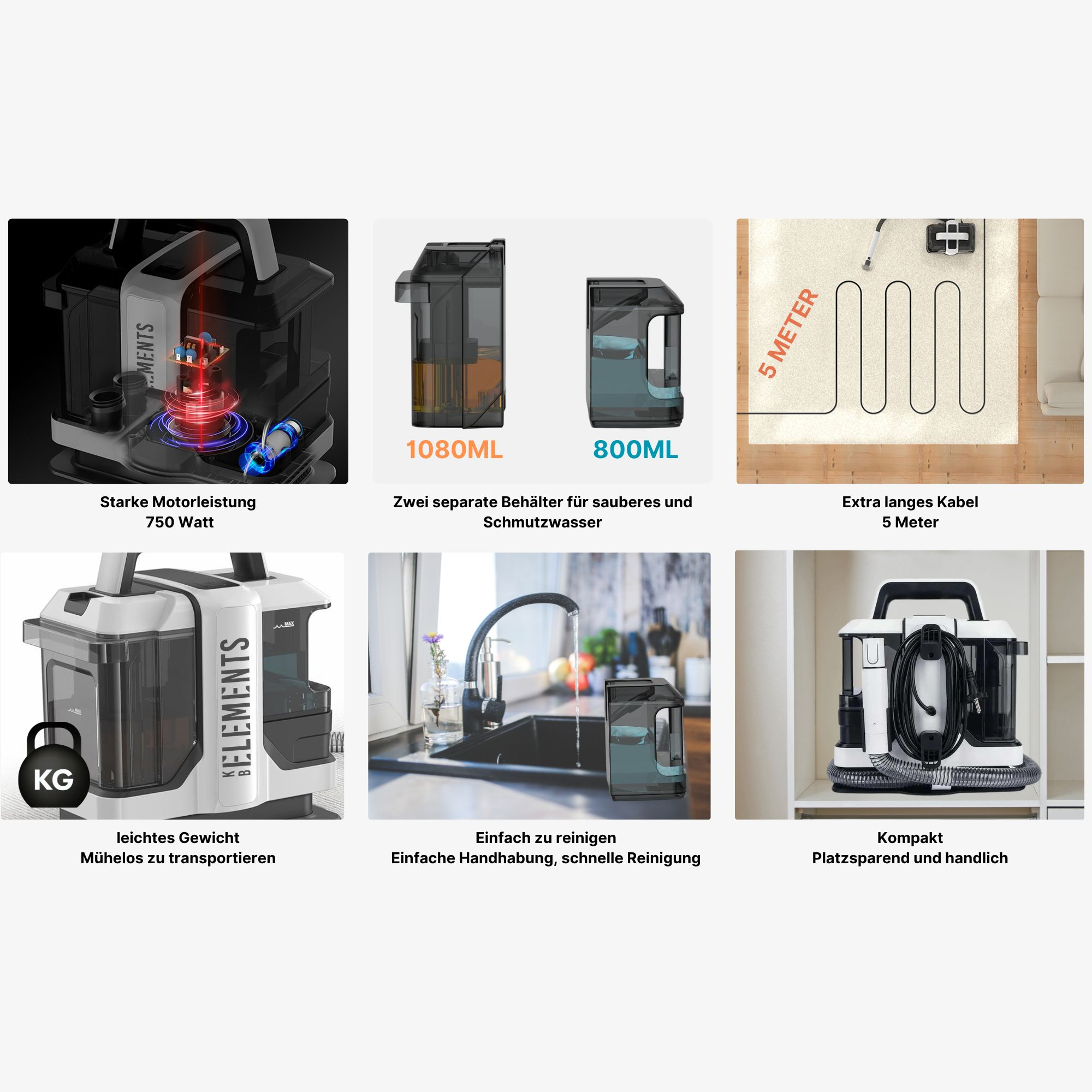 Bilder mit Merkmalen von Reinigungsprodukten: starker Motor, zwei separate Tanks, extra langes Kabel, geringes Gewicht, einfache Reinigung, kompakt.