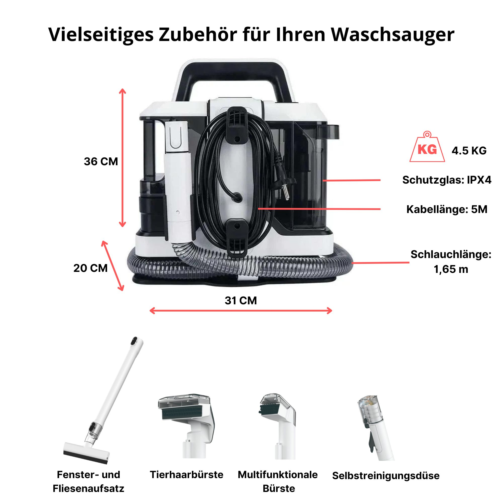 Staubsauger mit Zubehör. Abmessungen und Gewicht sind beschriftet. Text: Multifunktionale Bürste usw.
