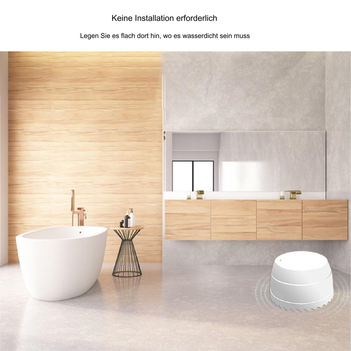 Ein weißes Gerät in einem Badezimmer. Eine Badewanne und ein Spiegel sind im Hintergrund.