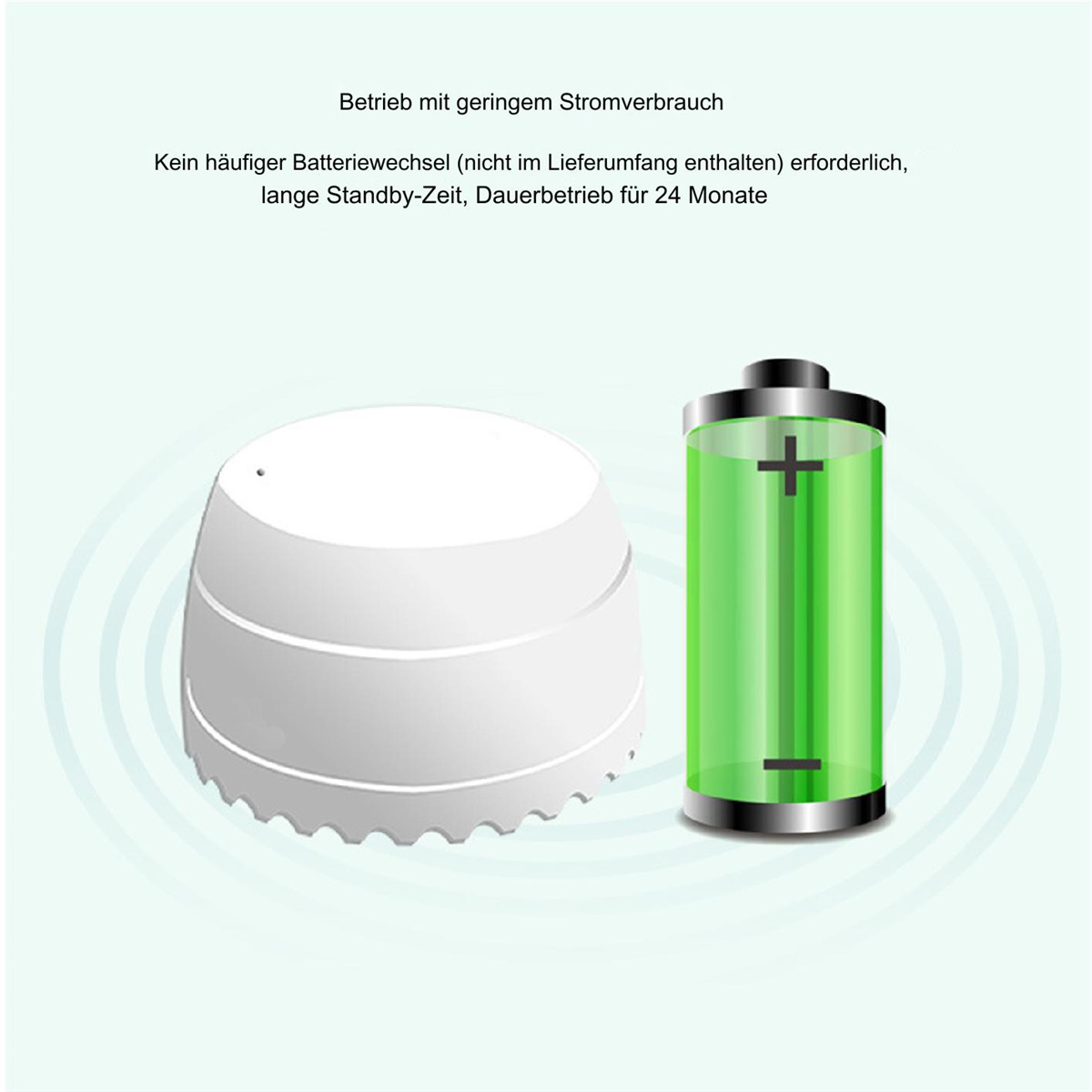 Weißes Gerät und grünes Batteriesymbol, Text über geringen Stromverbrauch.