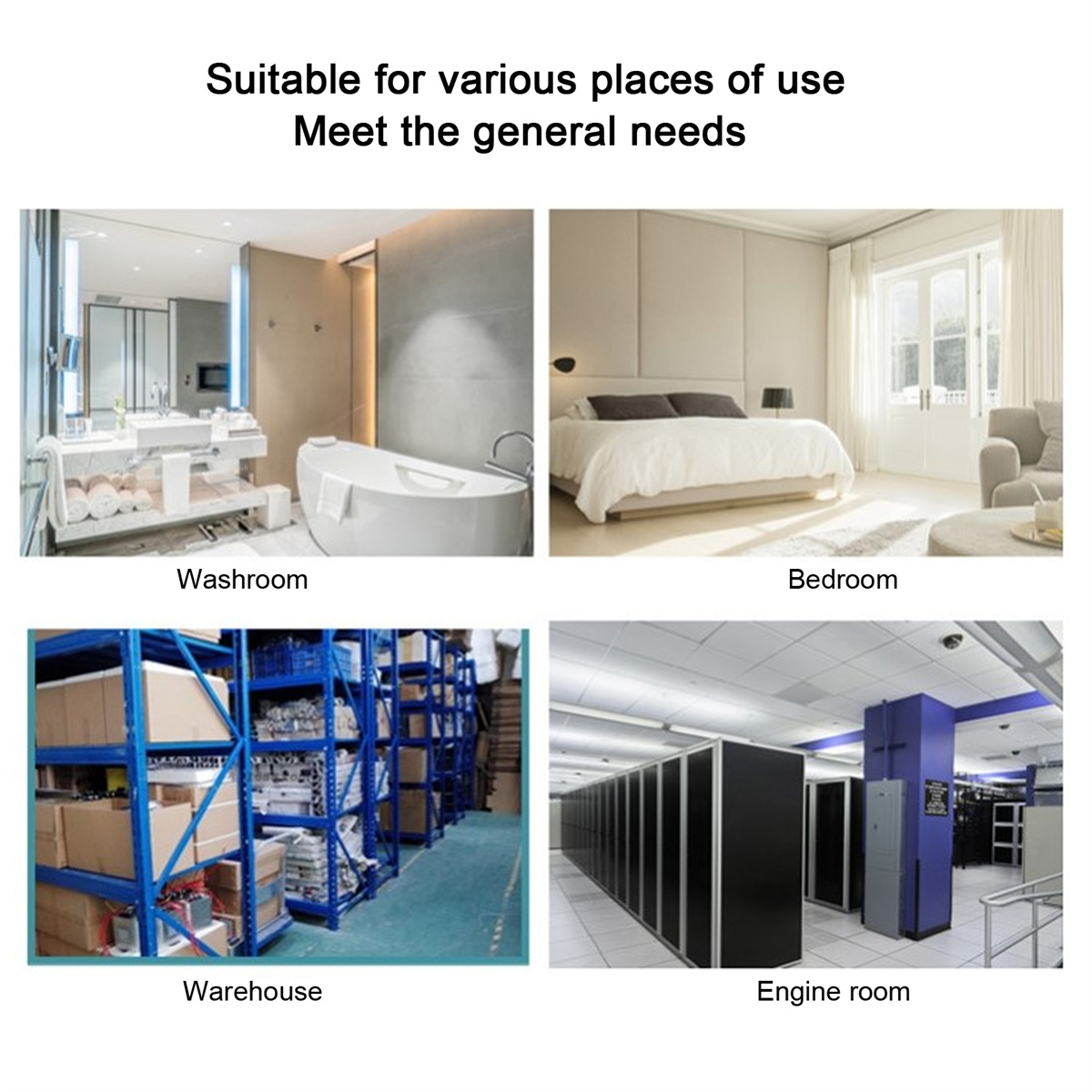 Vier Bilder zeigen verschiedene Räume: Waschraum, Schlafzimmer, Lagerhalle und Maschinenraum.