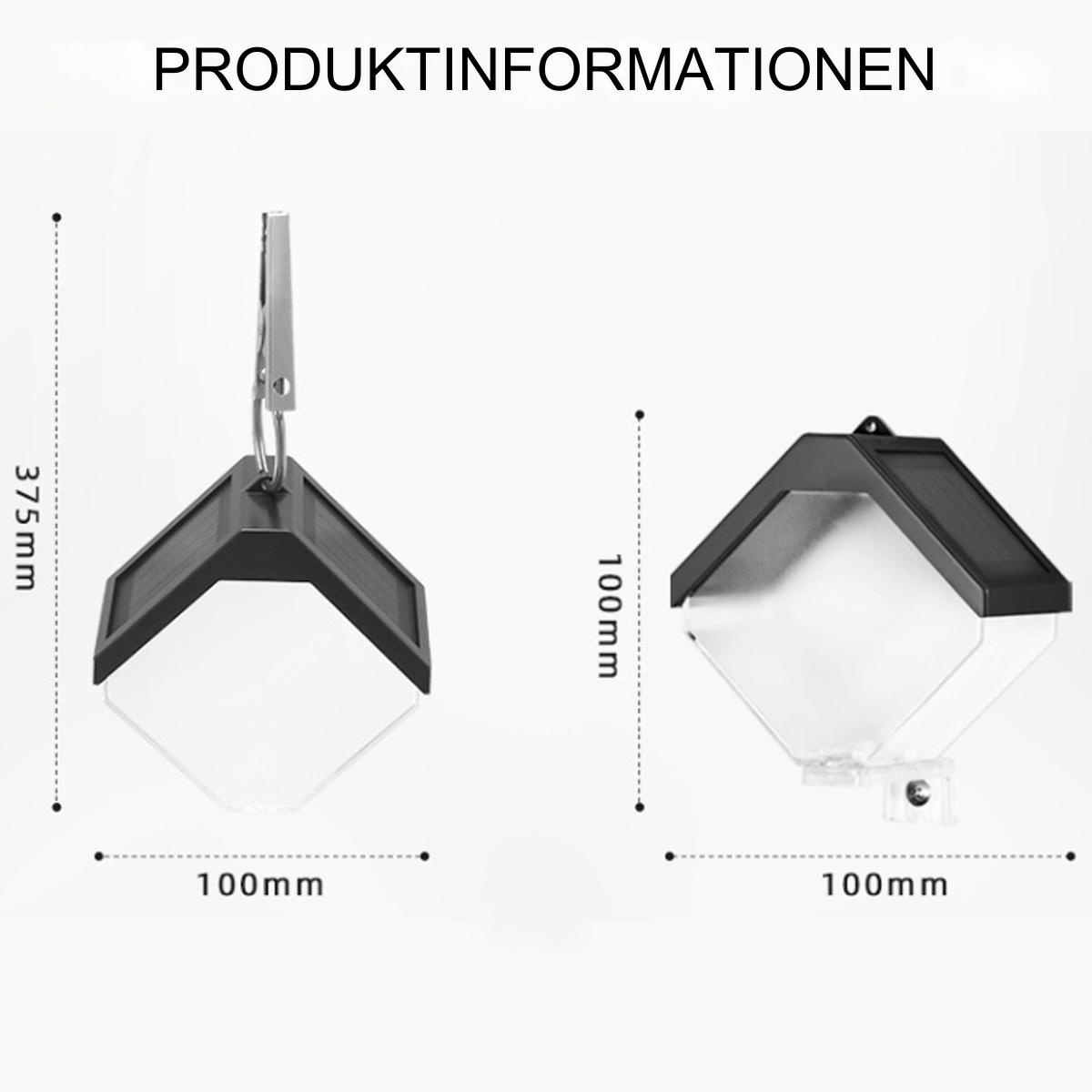 Solarbetriebene Gartenleuchten, mit angezeigten Abmessungen und dem Text 'Produktinformationen' oben.