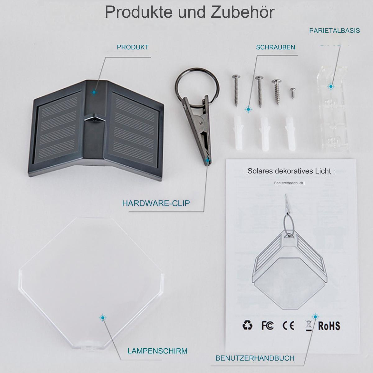 Verschiedene Komponenten für eine Solarlampe. Enthält ein Solarpanel, einen Hardware-Clip, Schrauben und eine Bedienungsanleitung.
