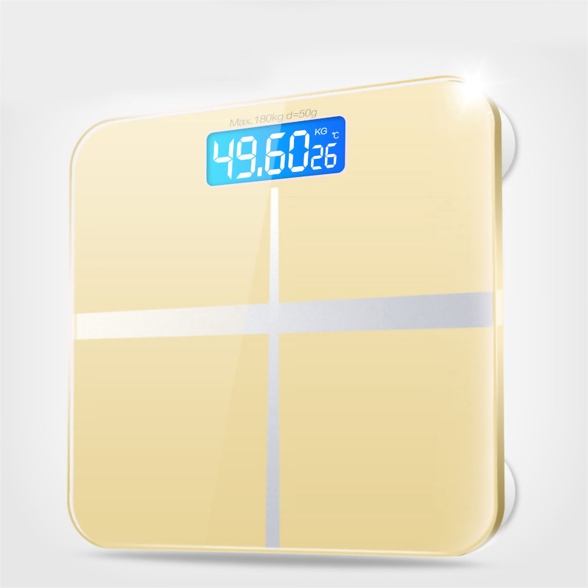 Eine goldgelbe Digitalwaage mit einer blauen Anzeige, die ein Gewicht anzeigt, wird gezeigt.
