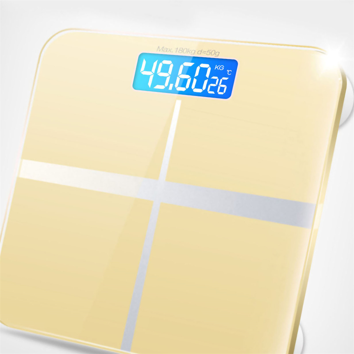 Eine Digitalwaage, die ein Gewicht von 49,60 kg anzeigt. Die Waage ist beige.