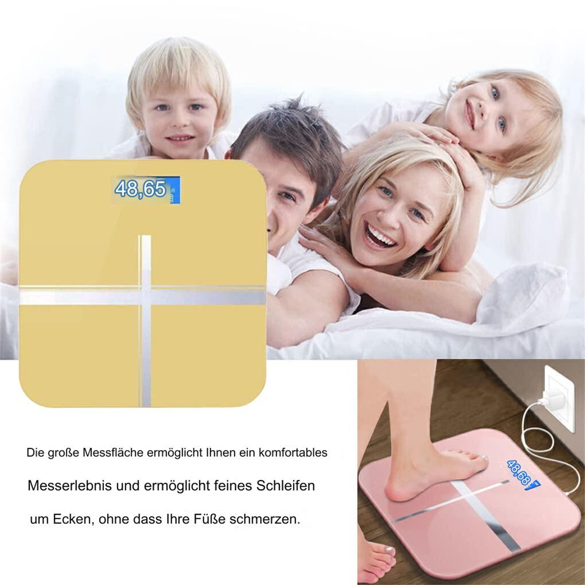 Digitale Waage mit Familie. Eine Person steht auf einer rosa Waage, um das Gewicht zu messen.