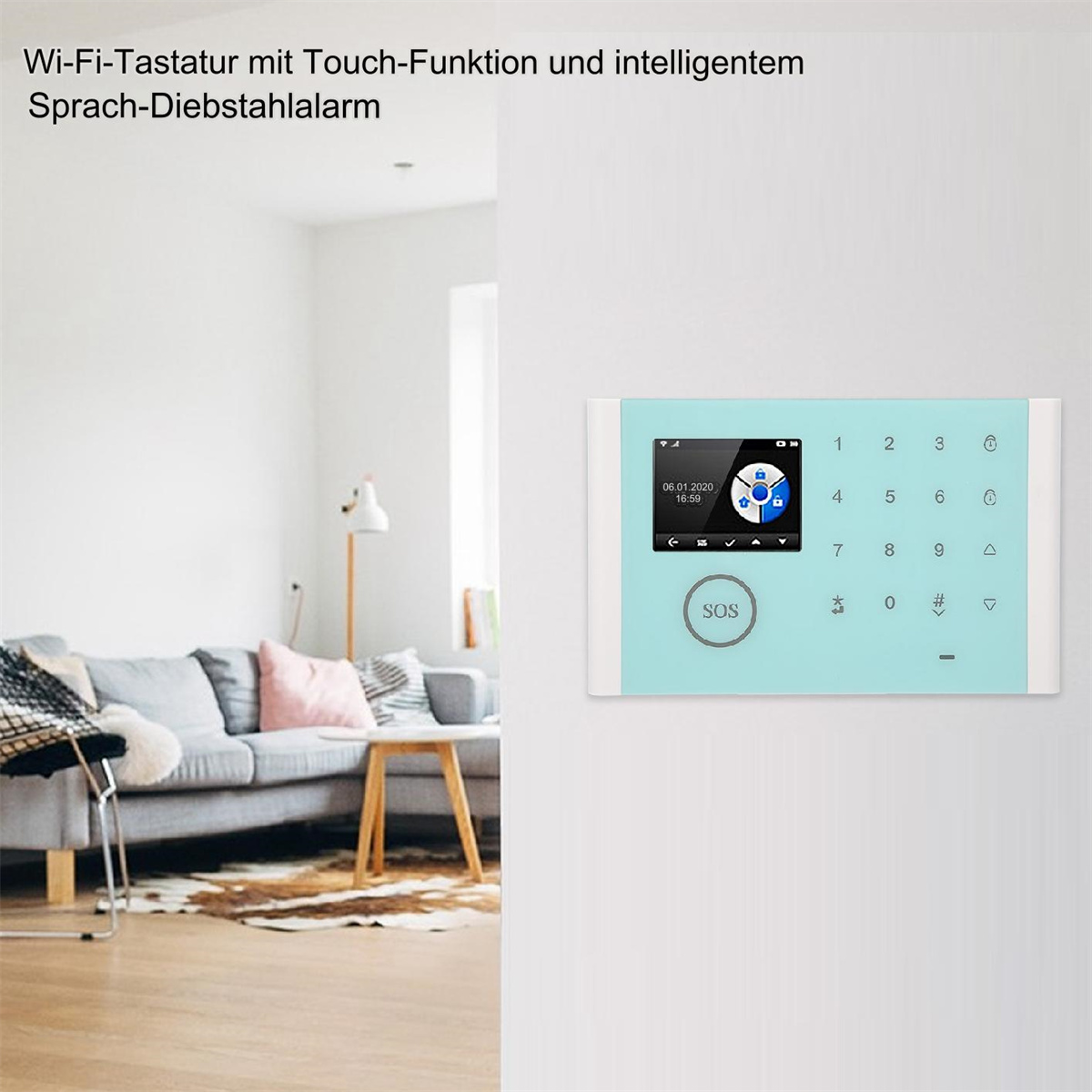 Ein WLAN-Tastatur mit Display und Tasten, an einer Wand montiert, mit einem Wohnzimmer im Hintergrund.