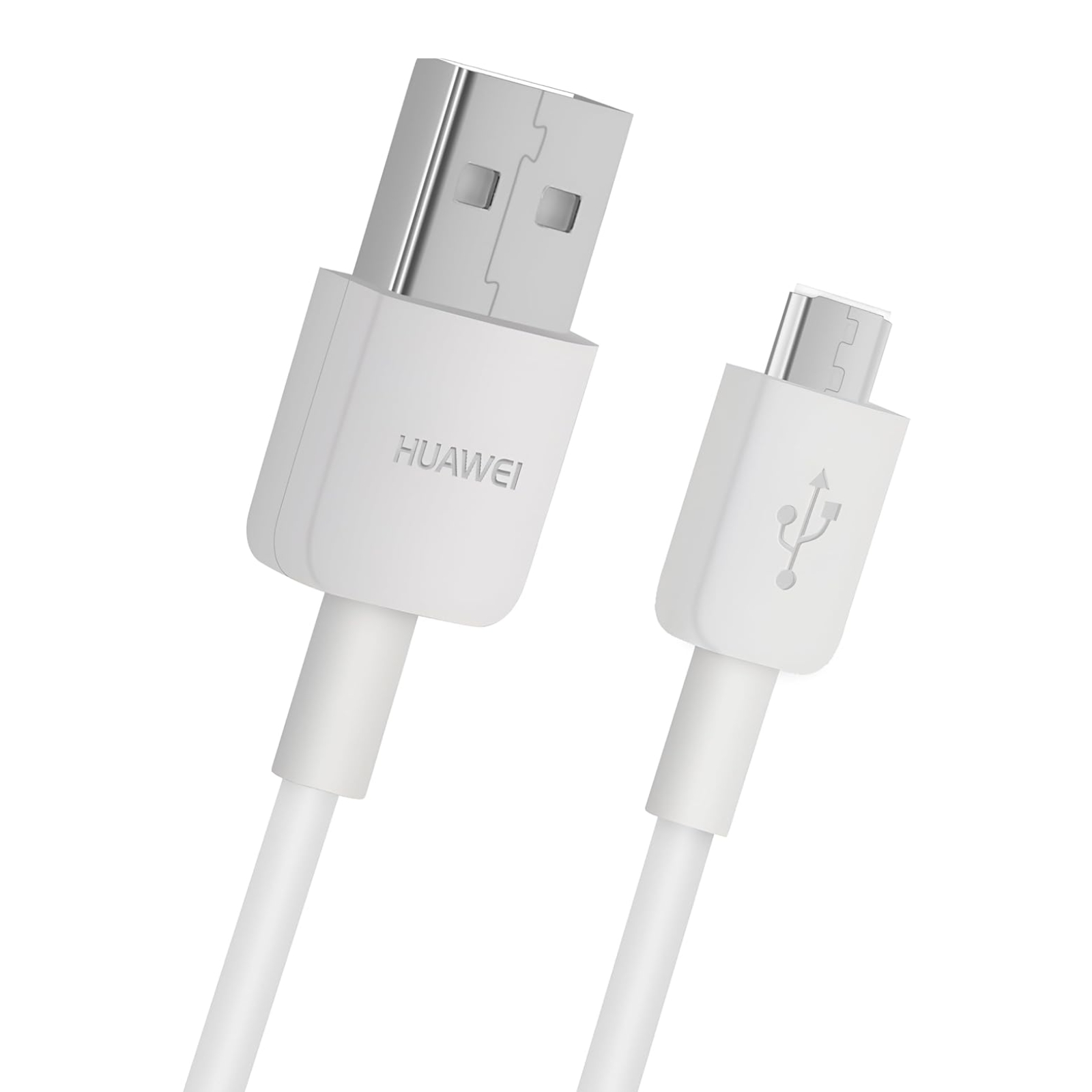 Ein weißes USB-zu-Micro-USB-Kabel. Das USB-Ende hat die Marke HUAWEI.