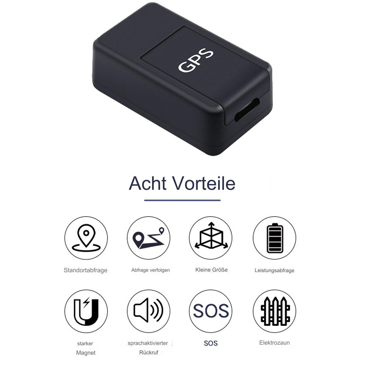 Ein schwarzer GPS-Tracker. Der Tracker hat eine einfache rechteckige Form und das Wort 'GPS' ist oben aufgedruckt.