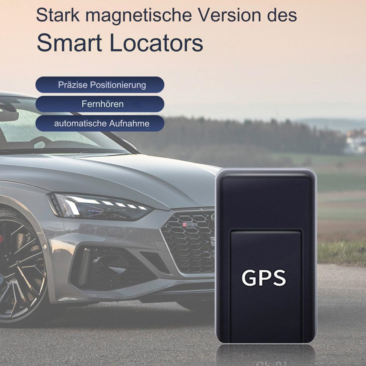 Ein schwarzer GPS-Locator mit dem Wort 'GPS' darauf, neben einem grauen Auto und Textbeschriftungen.