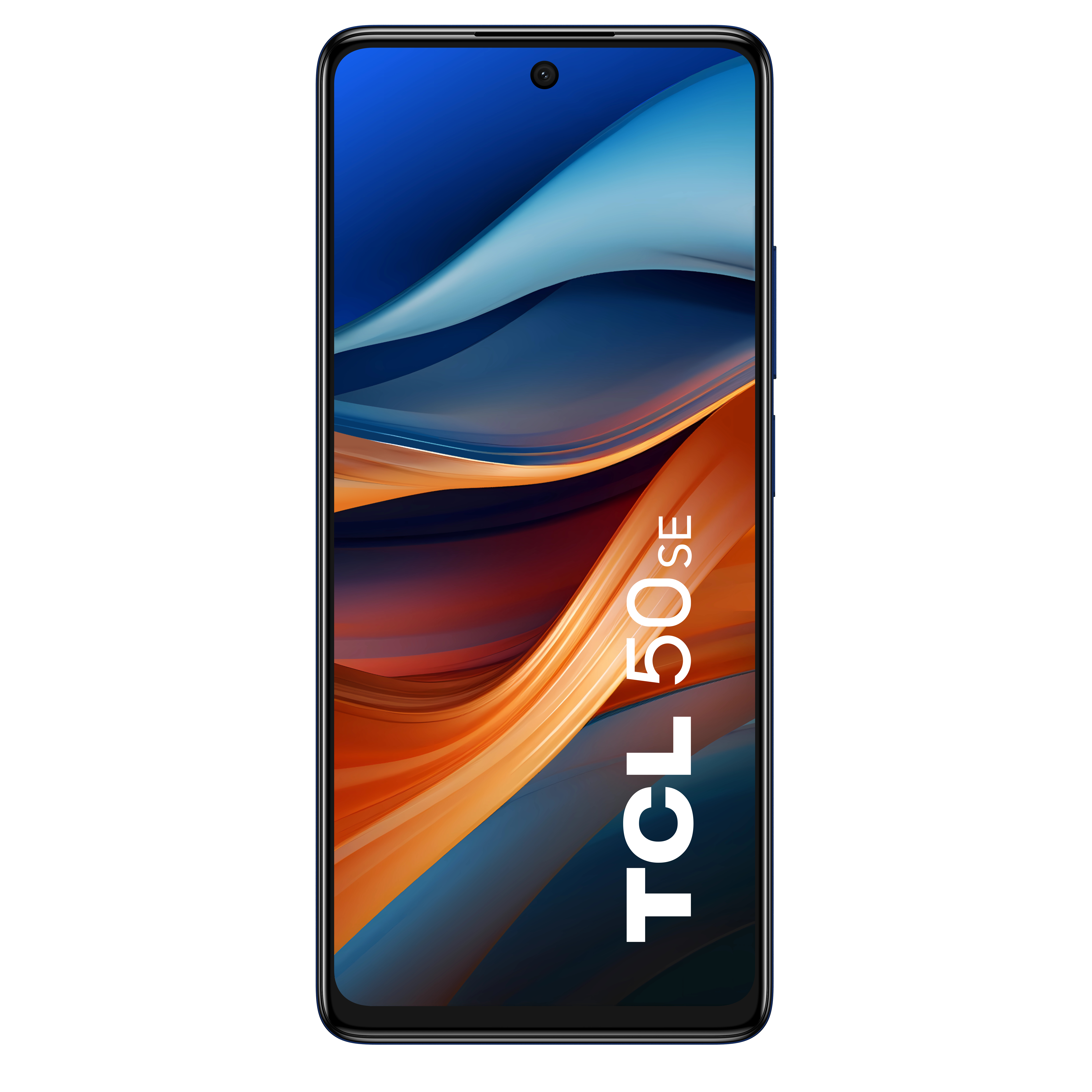 Zwarte TCL 50 SE smartphone met een groot scherm, toont een afbeelding.