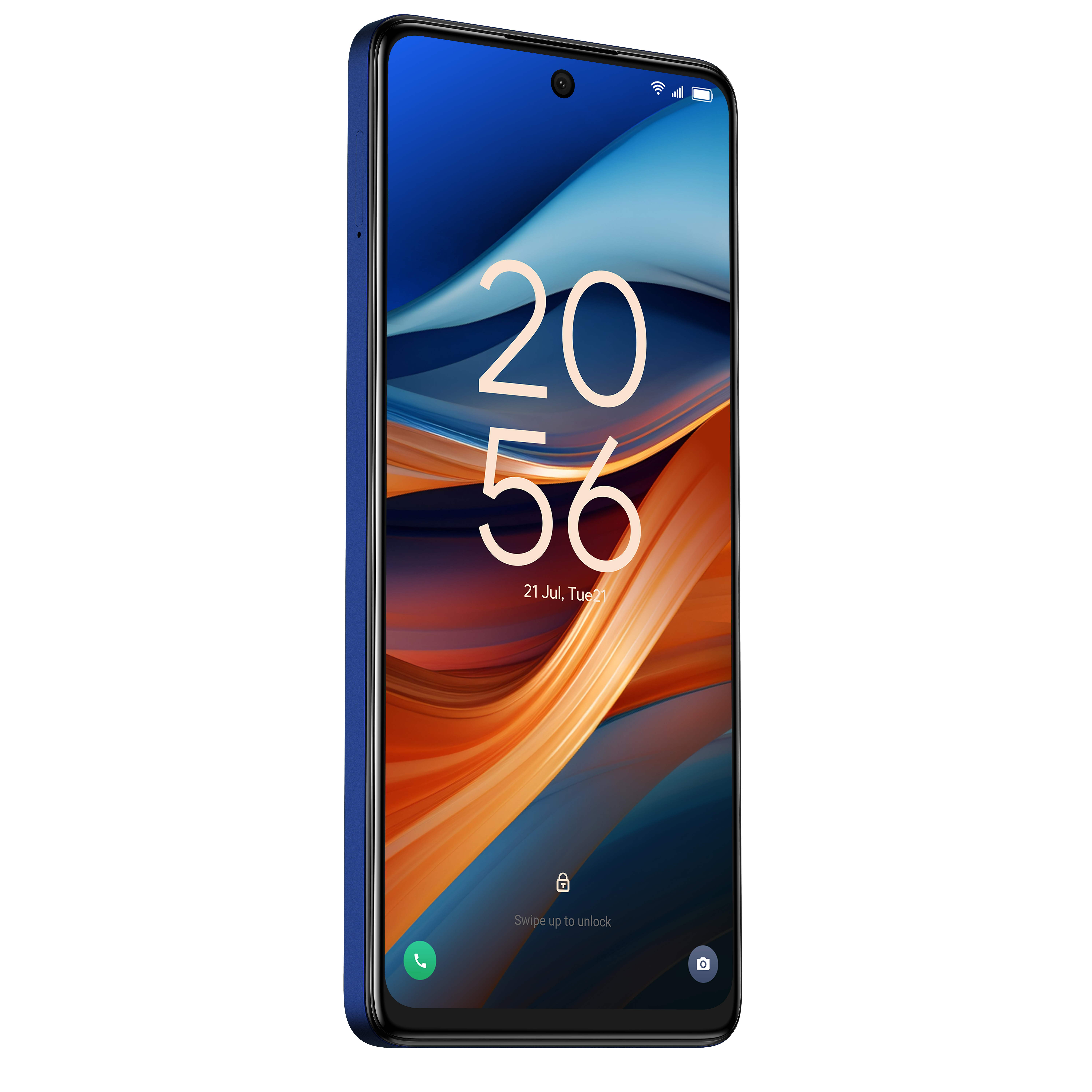 Een blauwe smartphone met een groot scherm dat de tijd weergeeft. De achterkant heeft drie camera's.