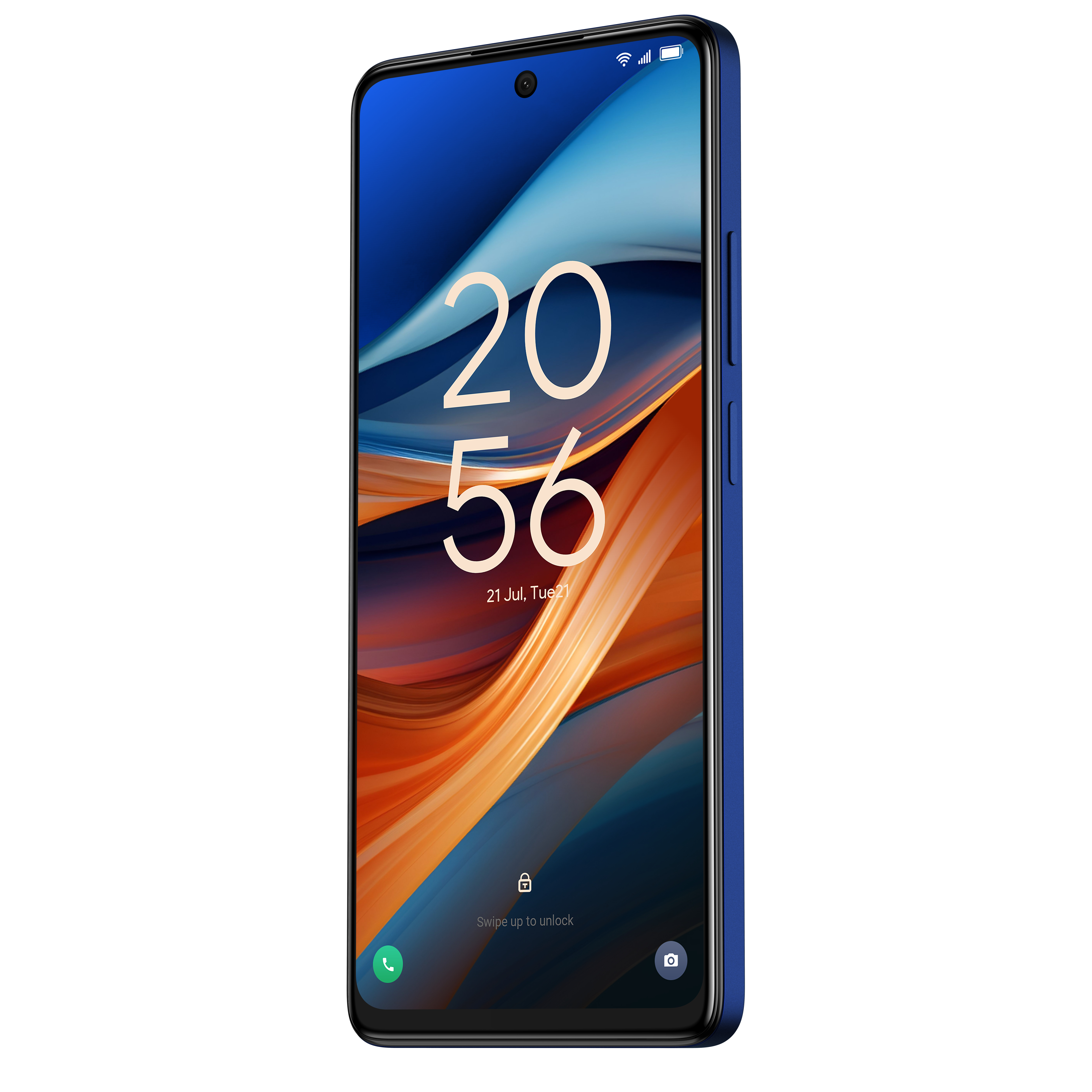 Blauwe smartphone die de tijd weergeeft. Oranje en blauwe achtergrond.