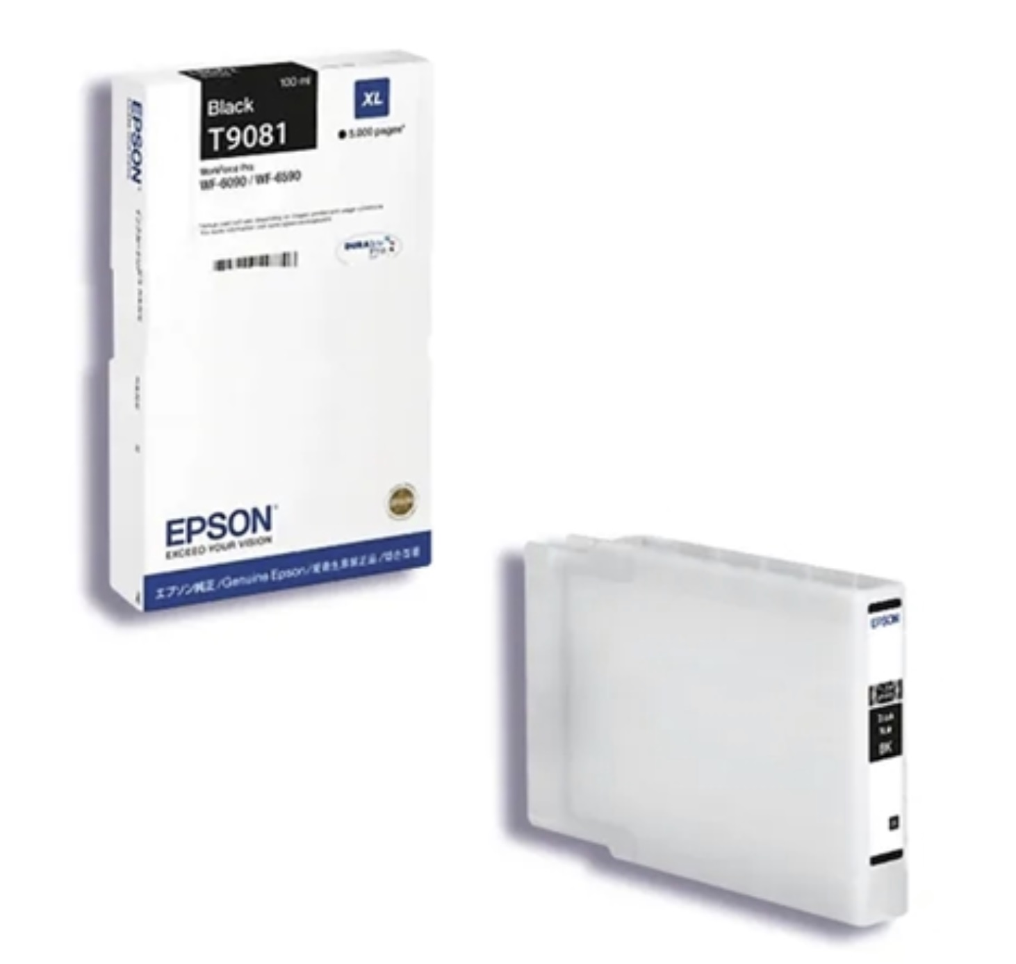 Cartucho de tinta negra Epson T9081 y embalaje. Caja blanca con texto negro. Cartucho adicional en la imagen.