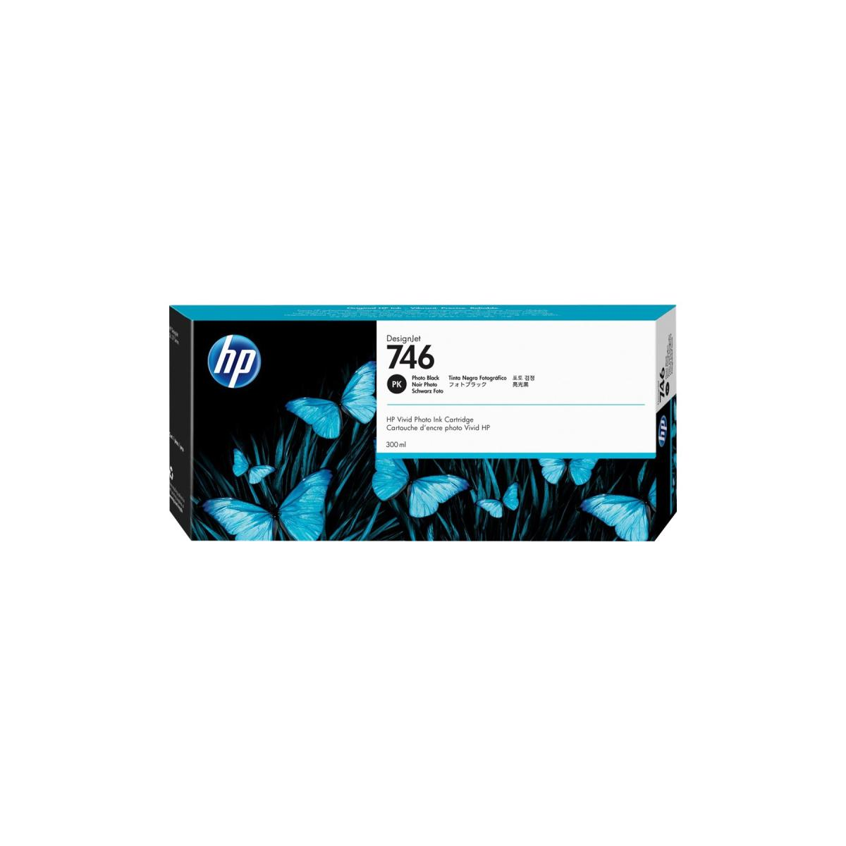 Caja de cartucho de tinta HP con mariposas azules sobre fondo blanco.